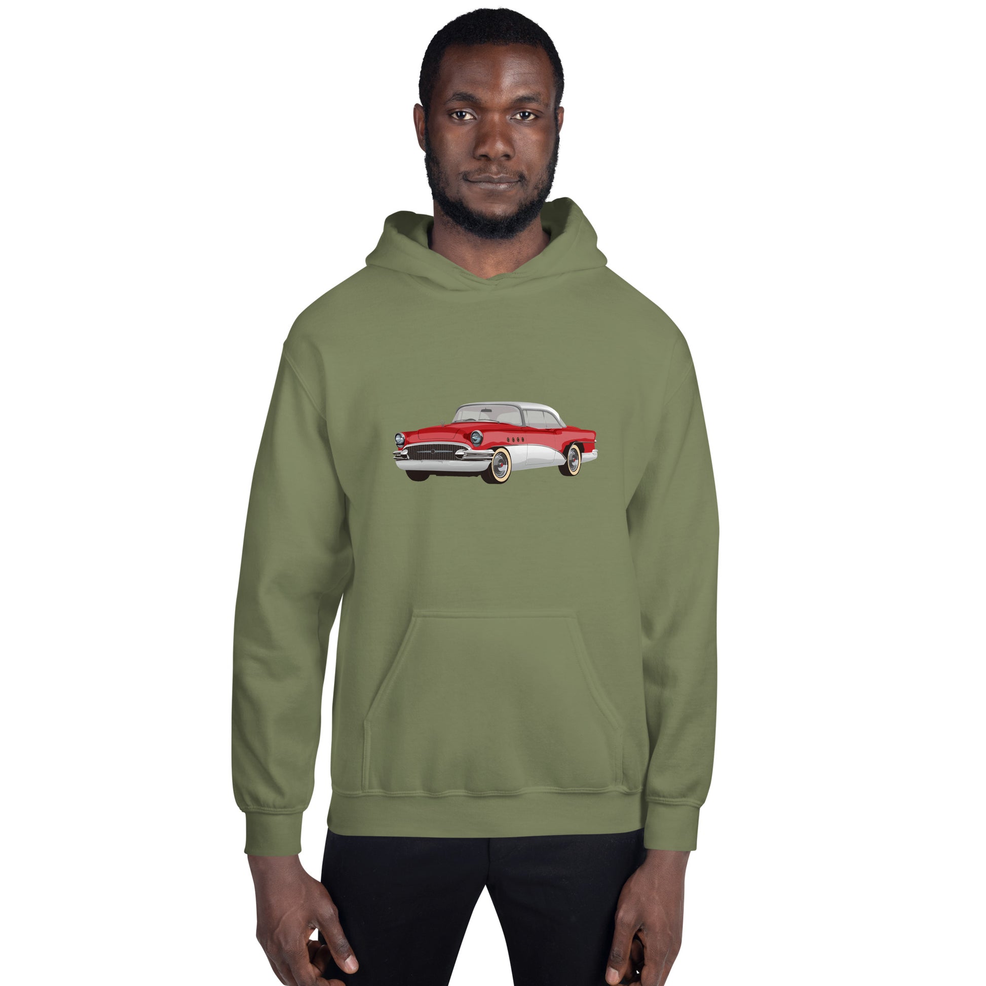 Men with military green hoodie with red Chevrolet 