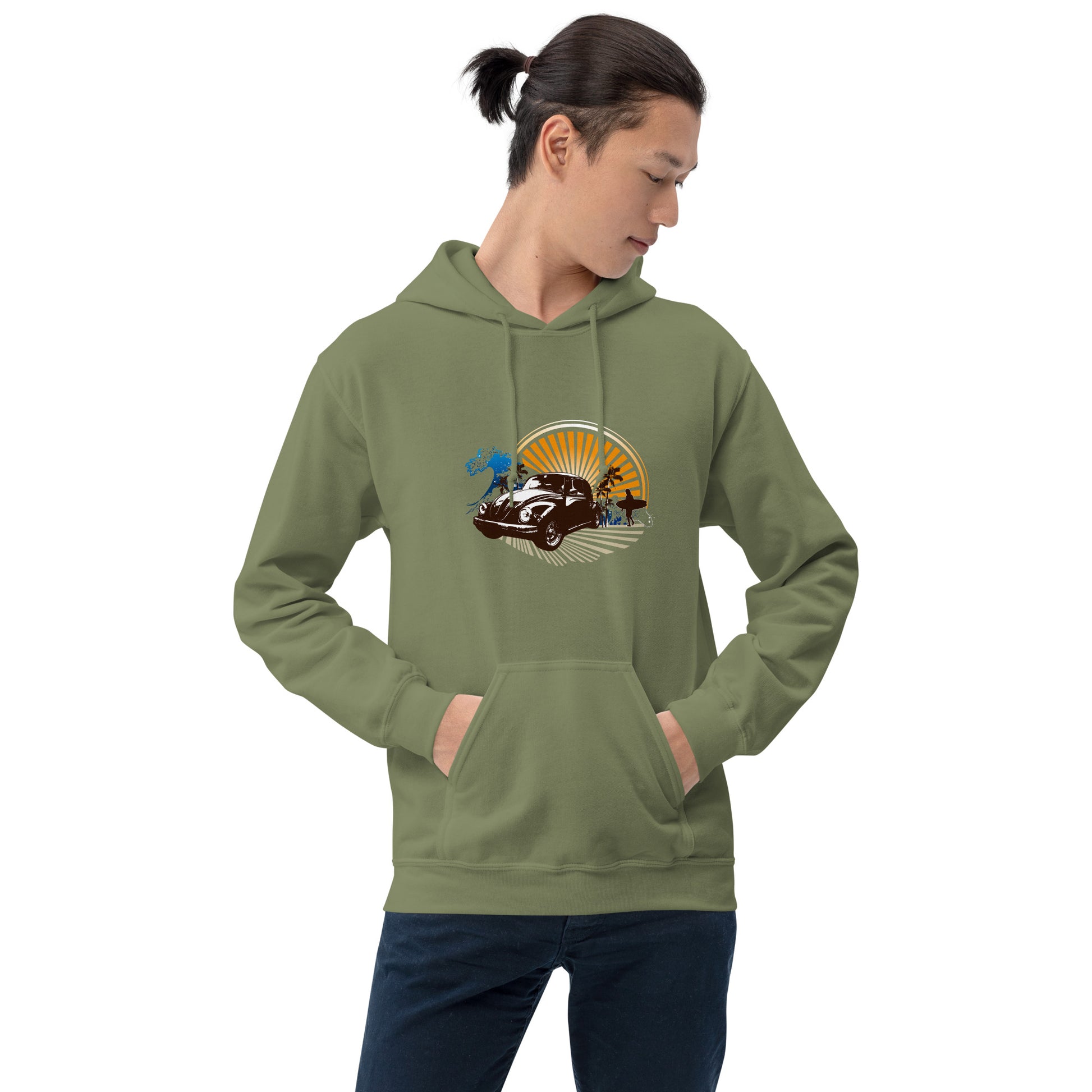 Men with military green hoodie with sunset and beetle car