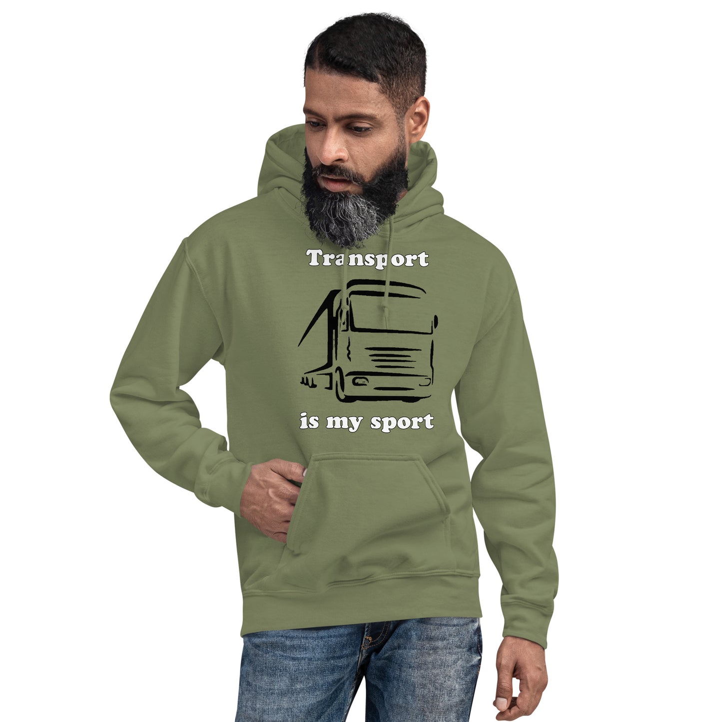 Man with military green hoodie with picture of truck and text "Transport is my sport"