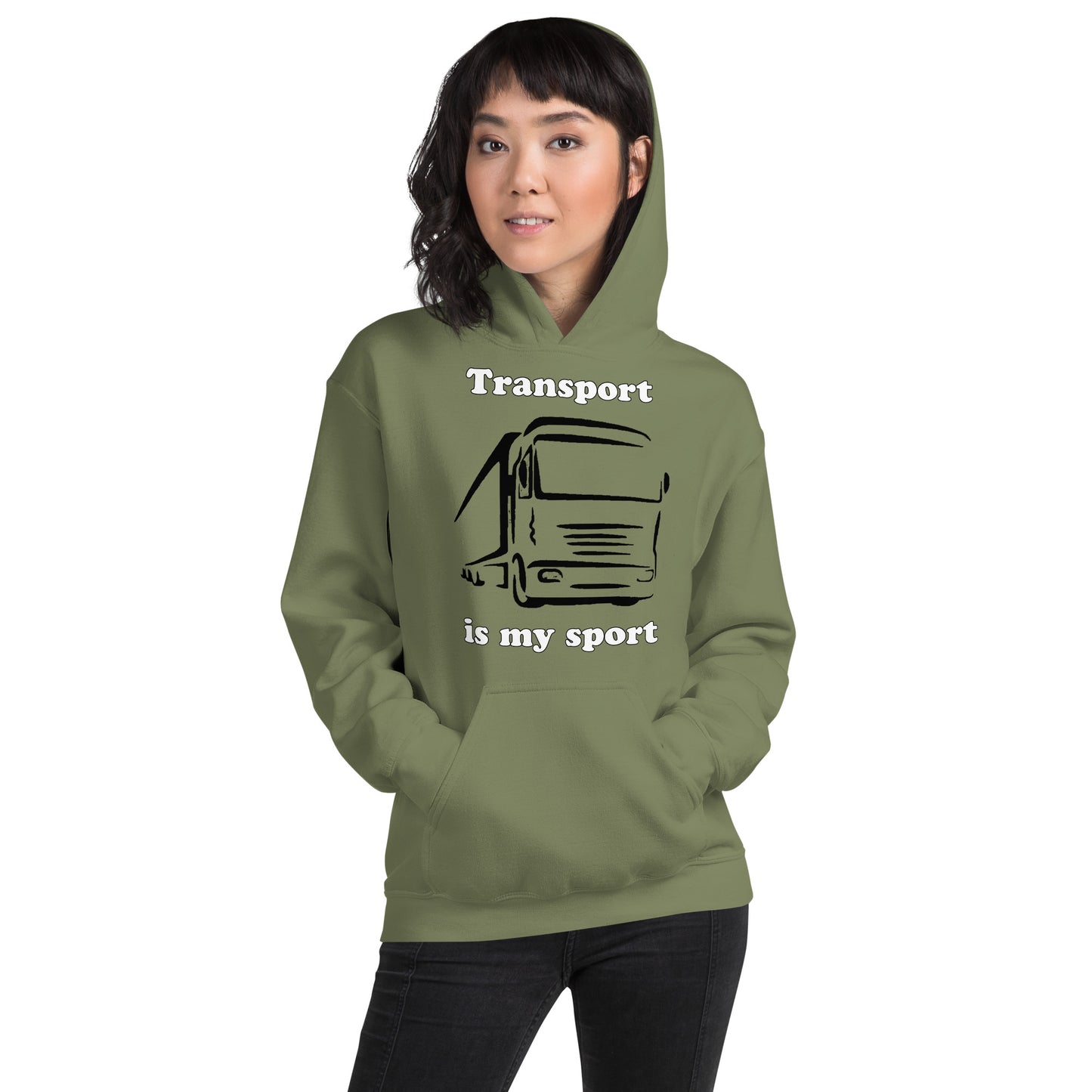 Woman with military green hoodie with picture of truck and text "Transport is my sport"