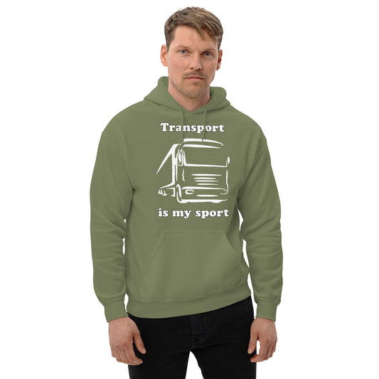 Man with military green hoodie with picture of truck and text "Transport is my sport"