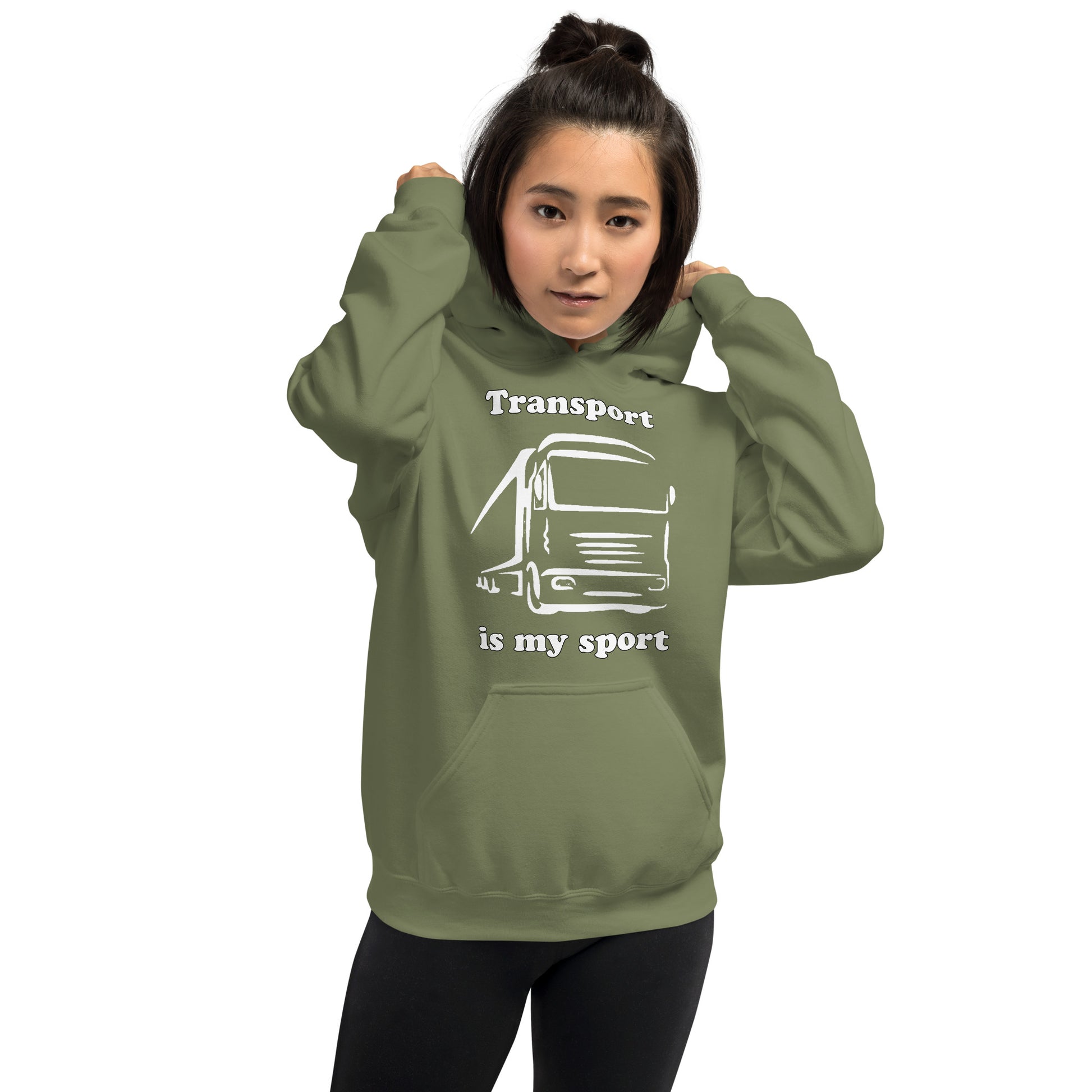 Woman with military green hoodie with picture of truck and text "Transport is my sport"