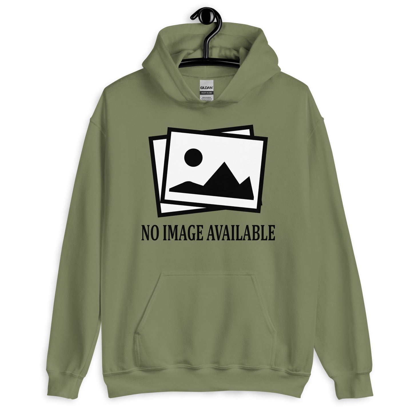 military green hoodie with image and text "no image available"