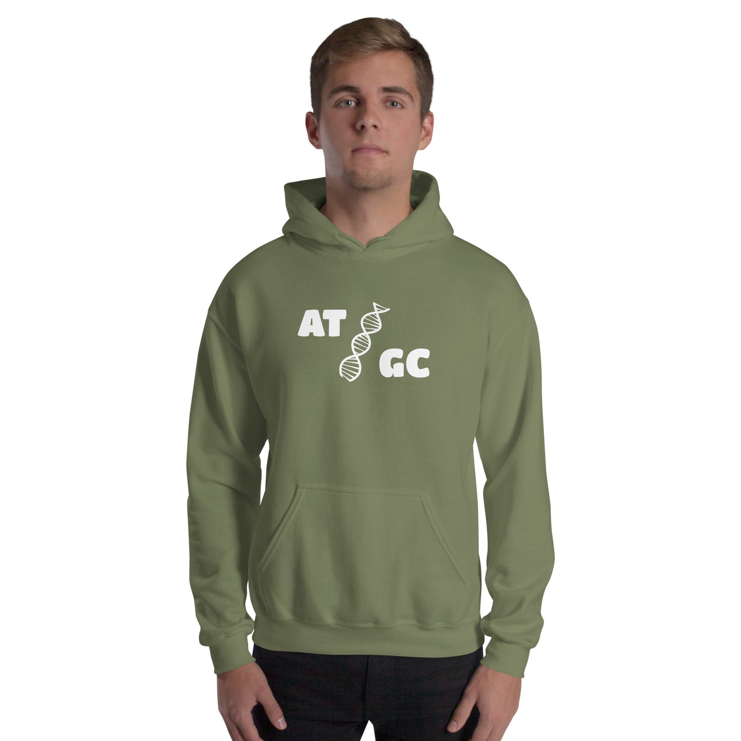 Men with military green hoodie with image of a DNA string and the text "ATGC"