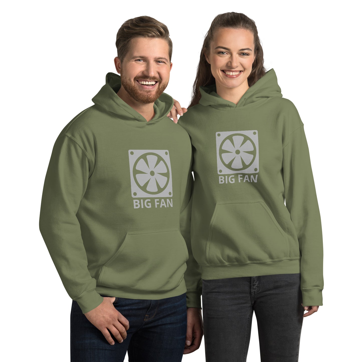 Man and women with military green hoodie with image of a big computer fan and the text "BIG FAN"