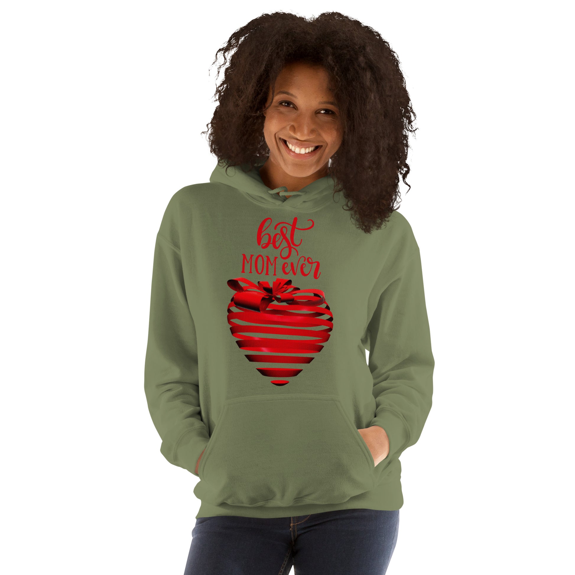 Women with military green hoodie with red text best MOM Ever and red heart