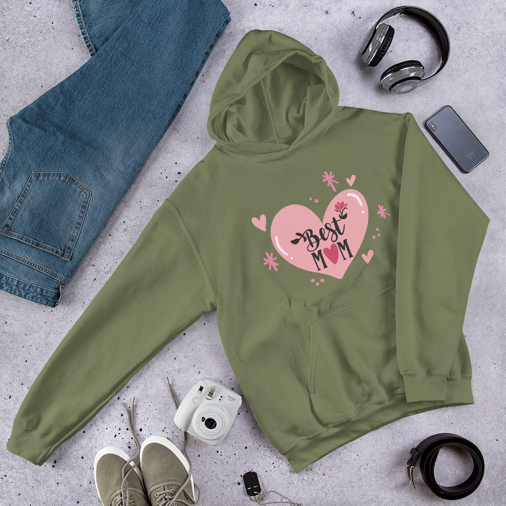 military green hoodie with hart and text best MOM