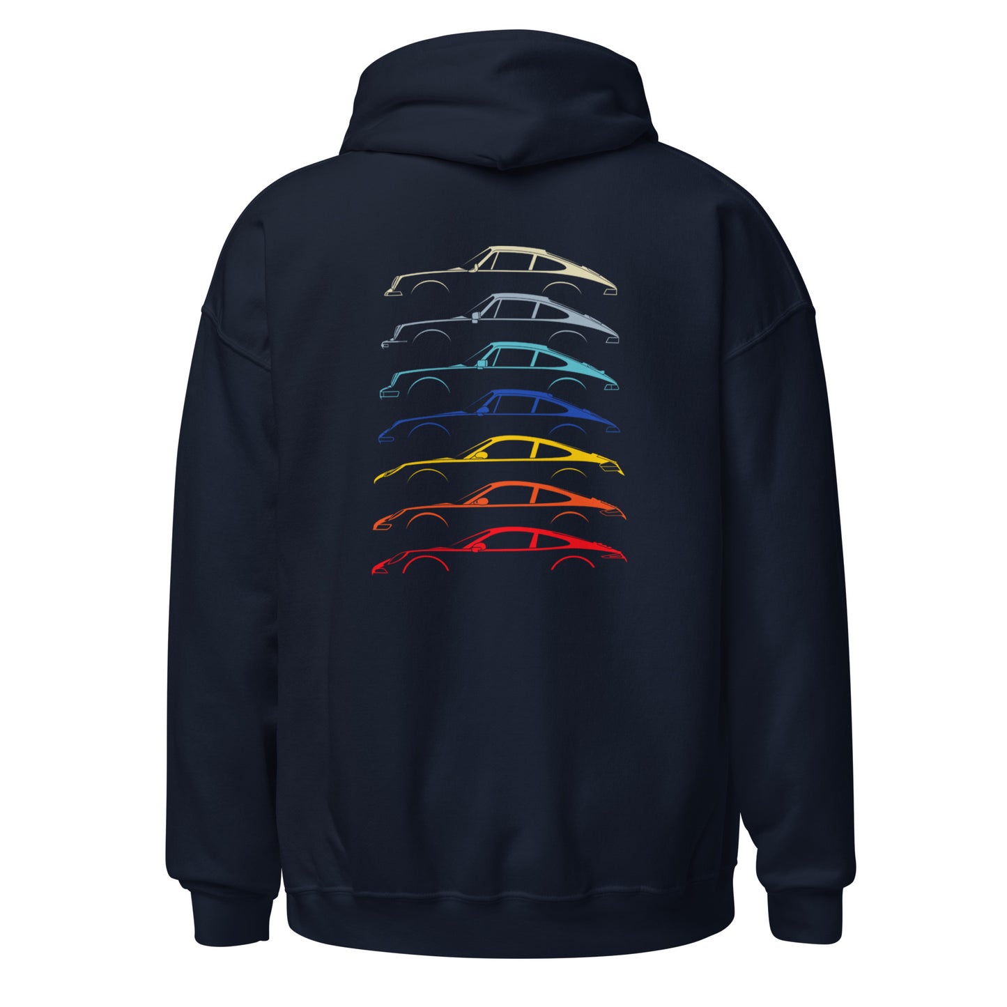 Navy hoodie with car silouttes on the back