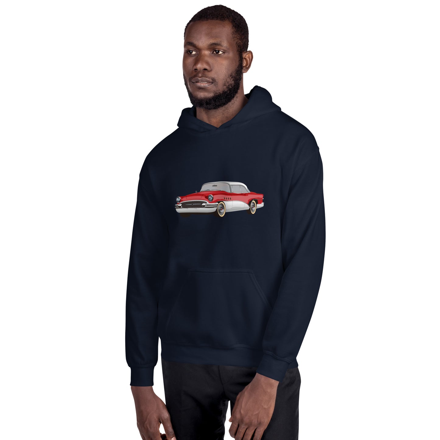 Man with navy hoodie with red chevrolet