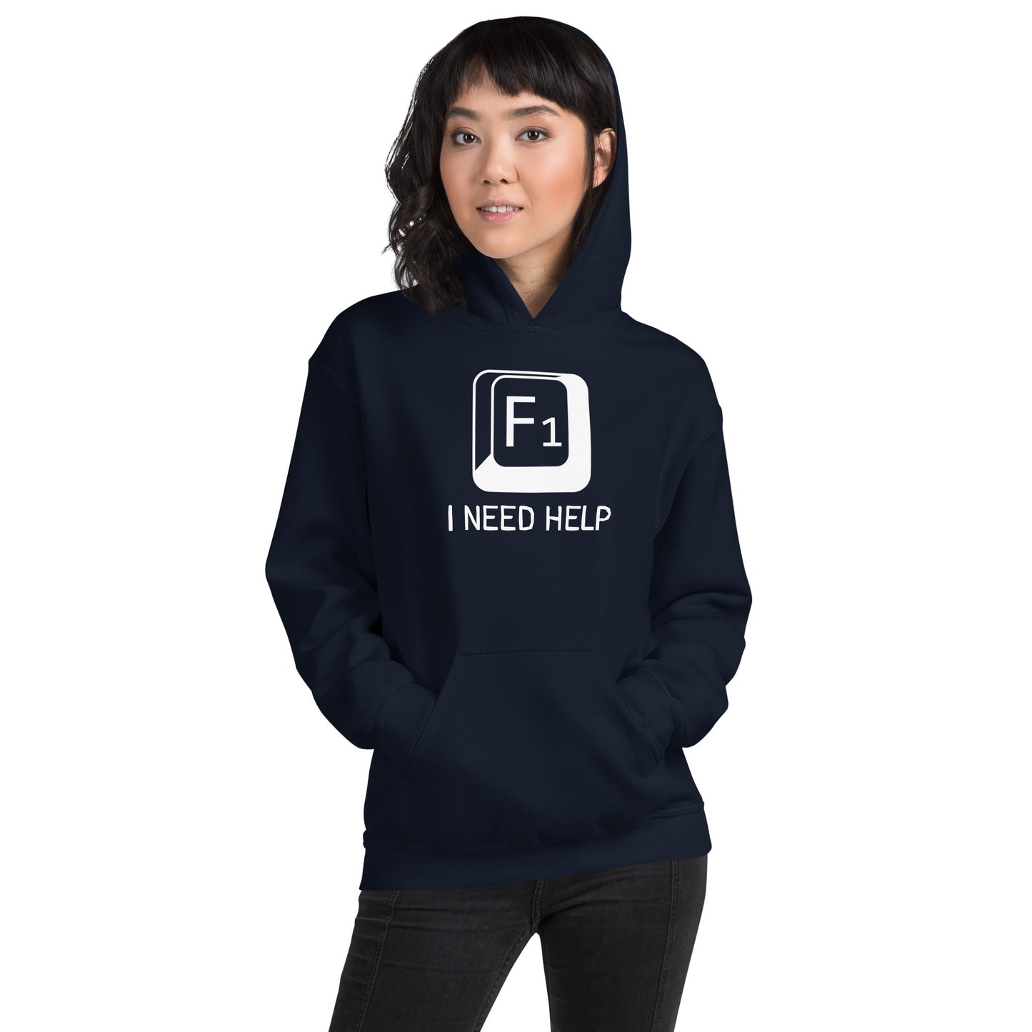 Women with navy hoodie and a picture of F1 key with text "I need help"