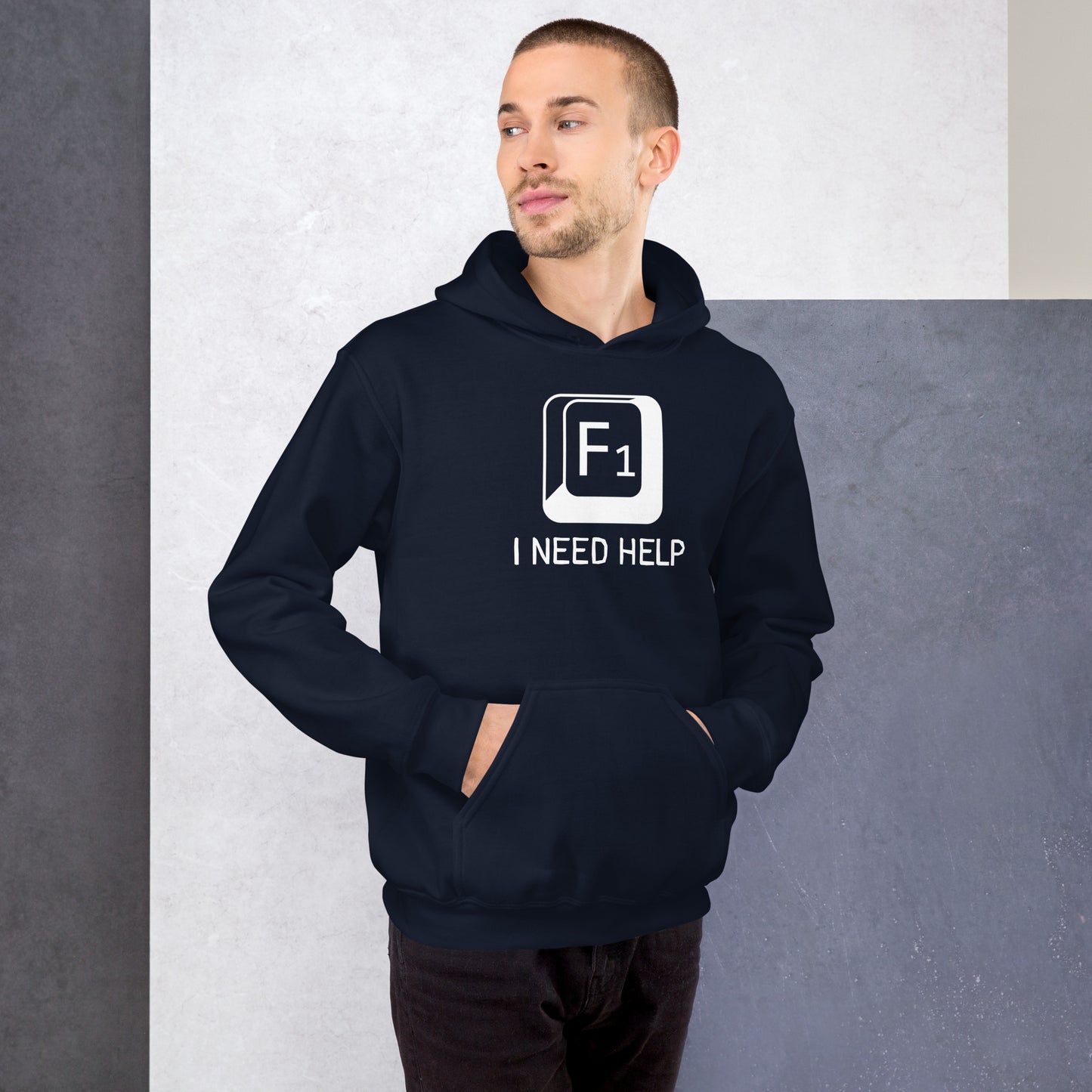 Men with navy hoodie and a picture of F1 key with text "I need help"