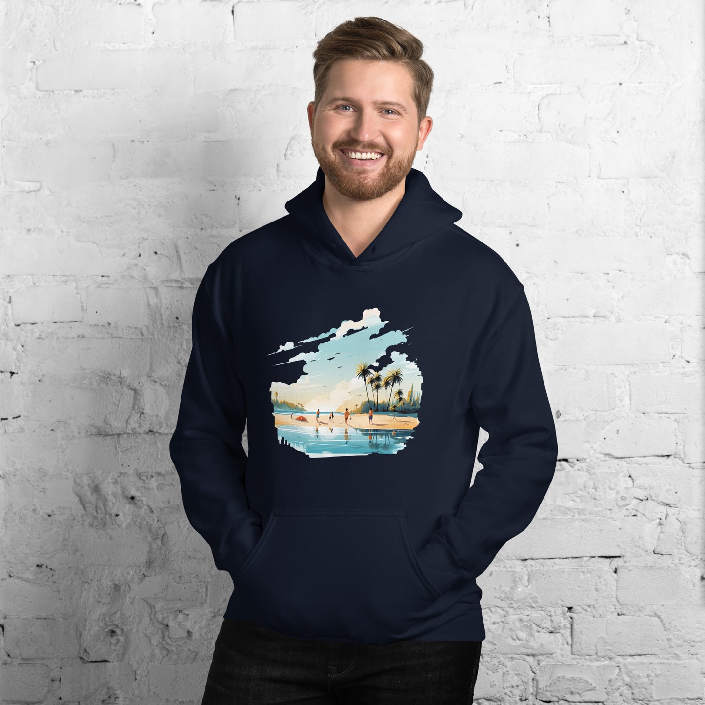 Men with navy hoodie and a picture of a island with sea and sand