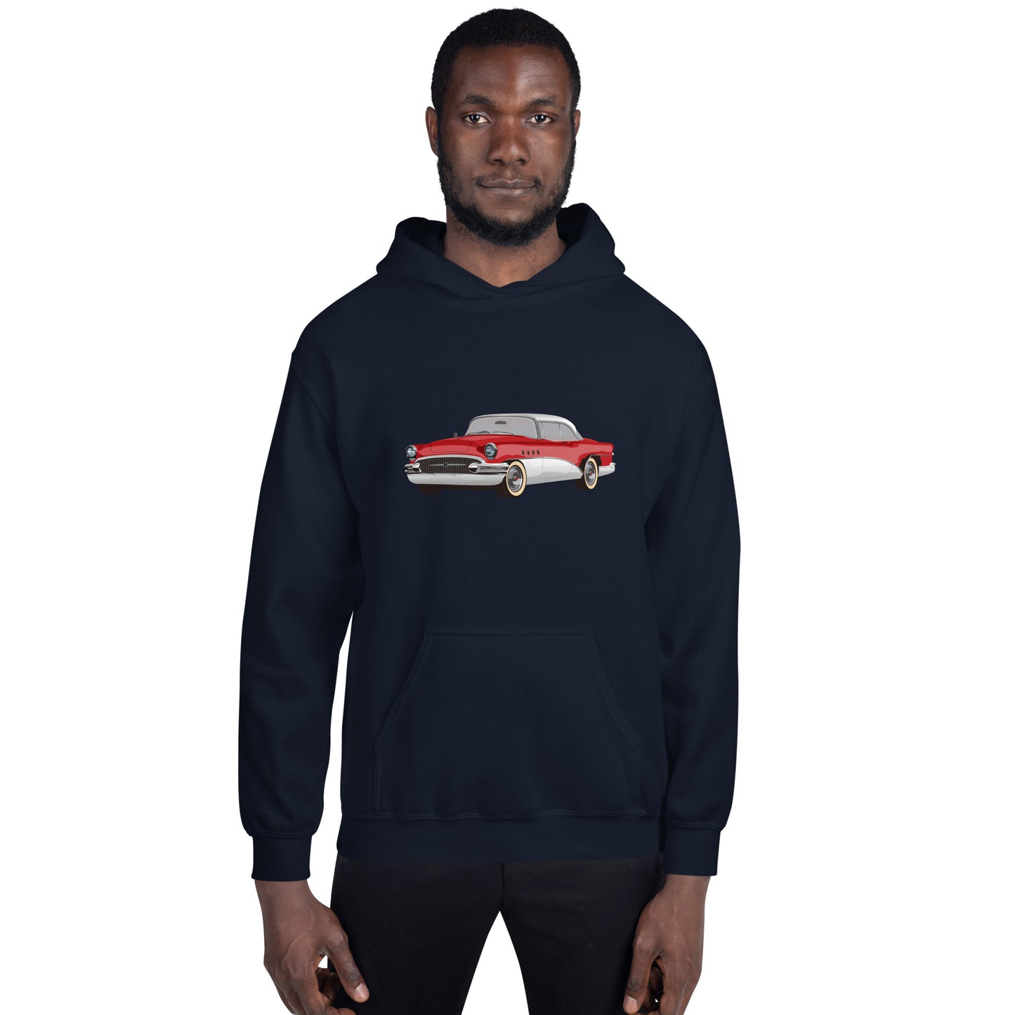 Man with navy hoodie with red chevrolet