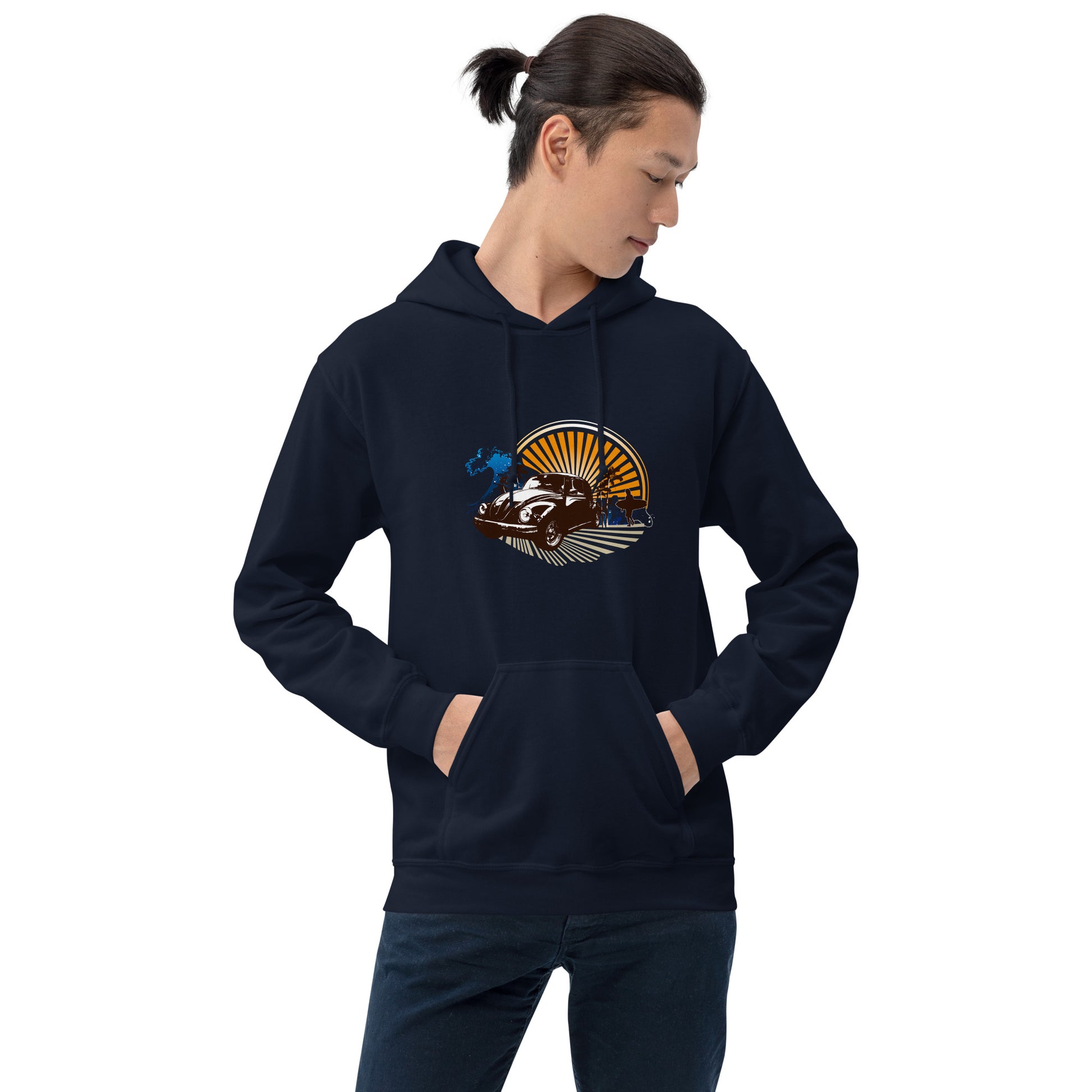 Men with navy blue hoodie with sunset and beetle car