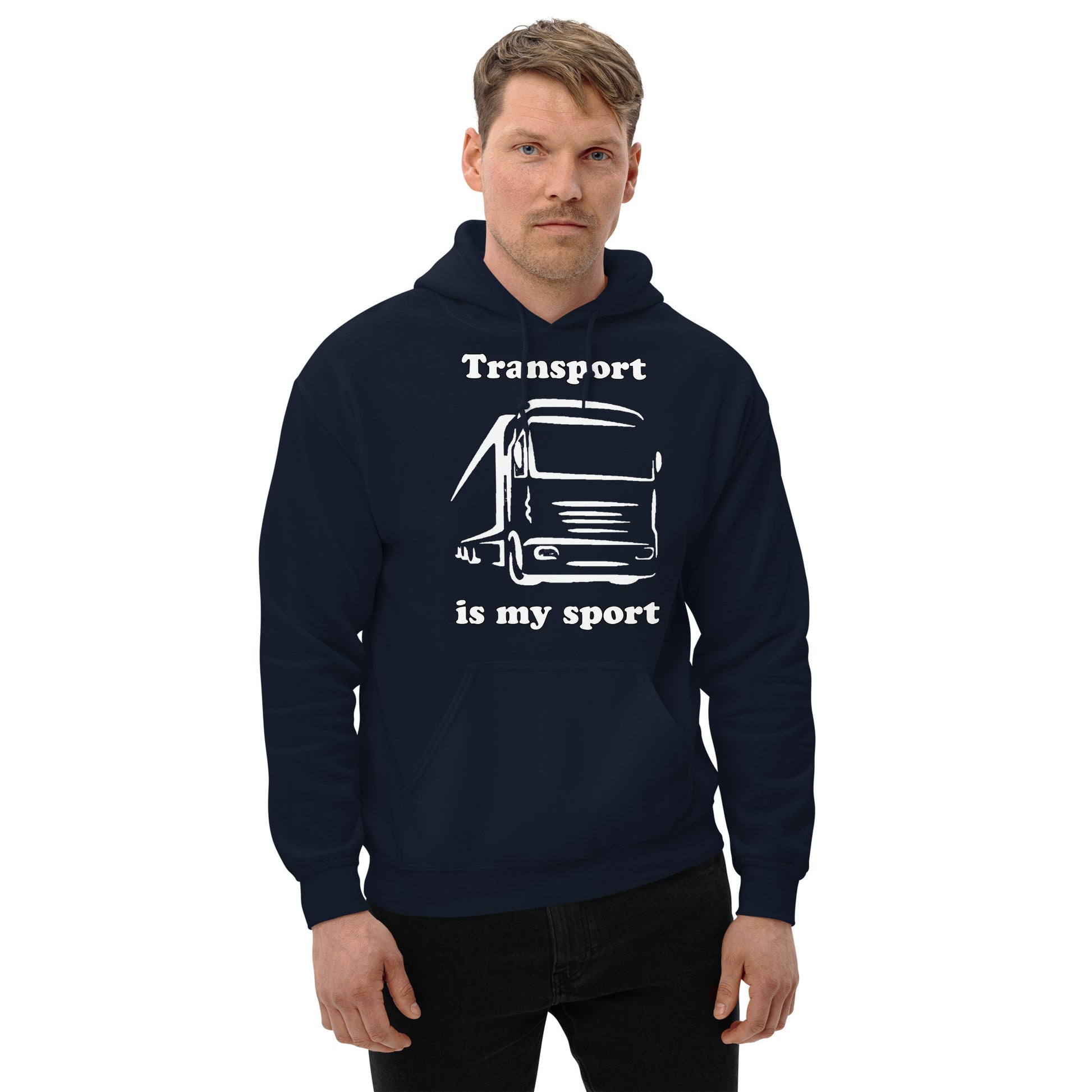 Man with navy blue hoodie with picture of truck and text "Transport is my sport"