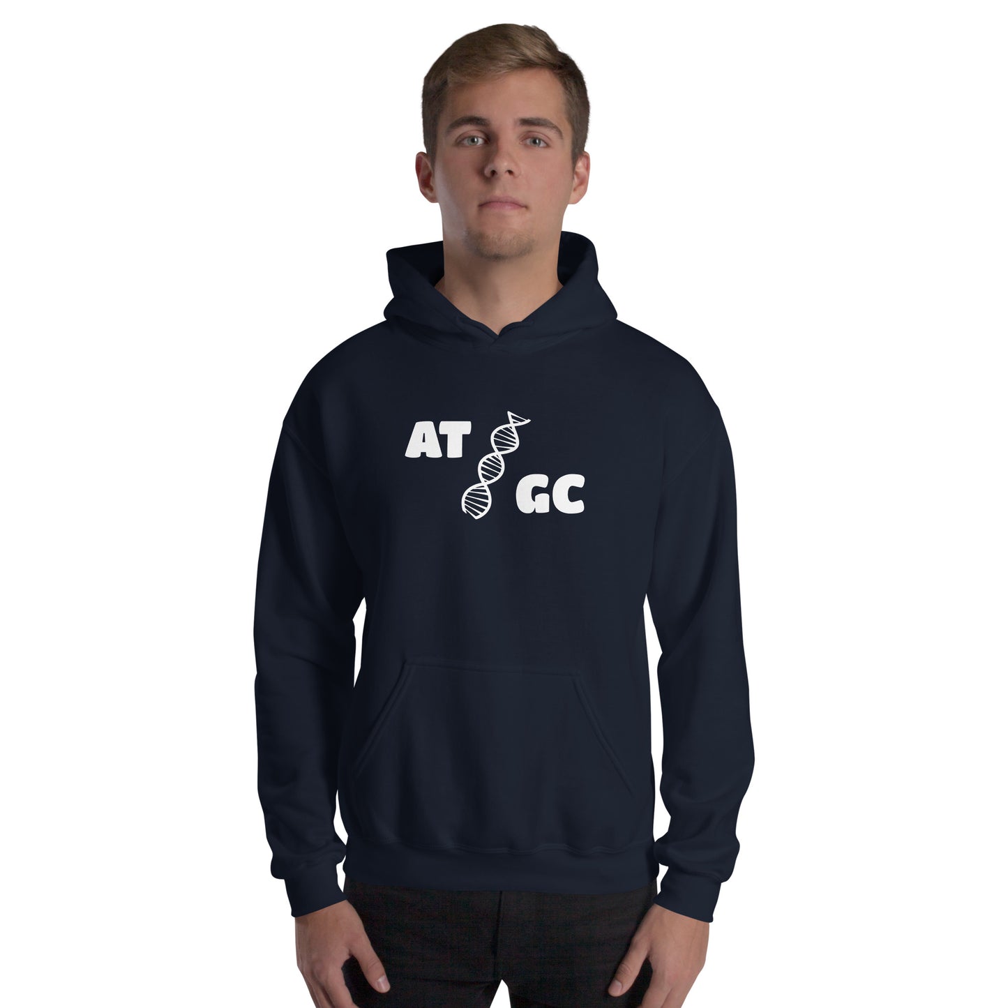 Men with navy blue hoodie with image of a DNA string and the text "ATGC"