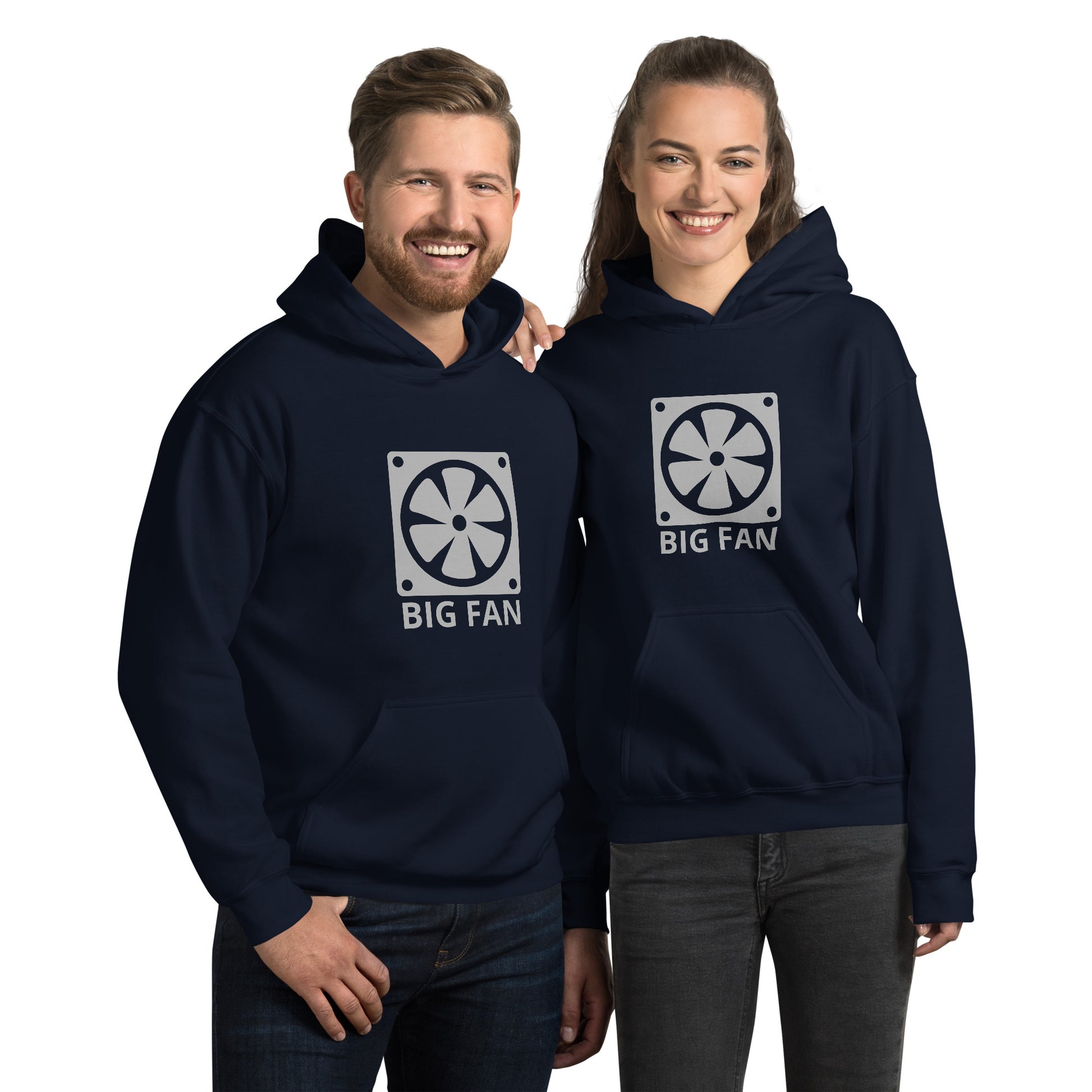 Man and women with navy blue hoodie with image of a big computer fan and the text "BIG FAN"