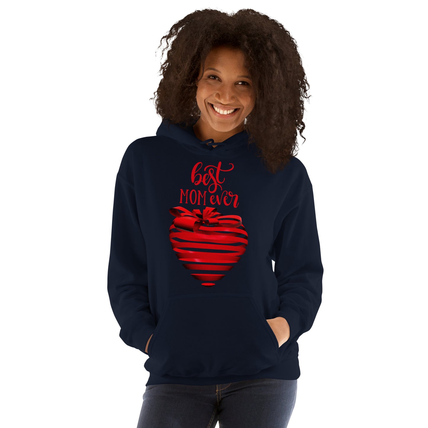 Women with navy hoodie with red text best MOM Ever and red heart