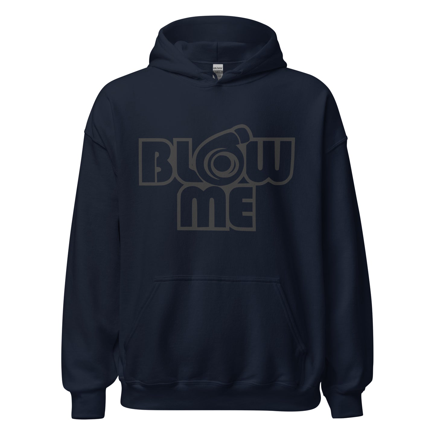 Navy hoodie for men and women with the text Blow me, turbo compressor
