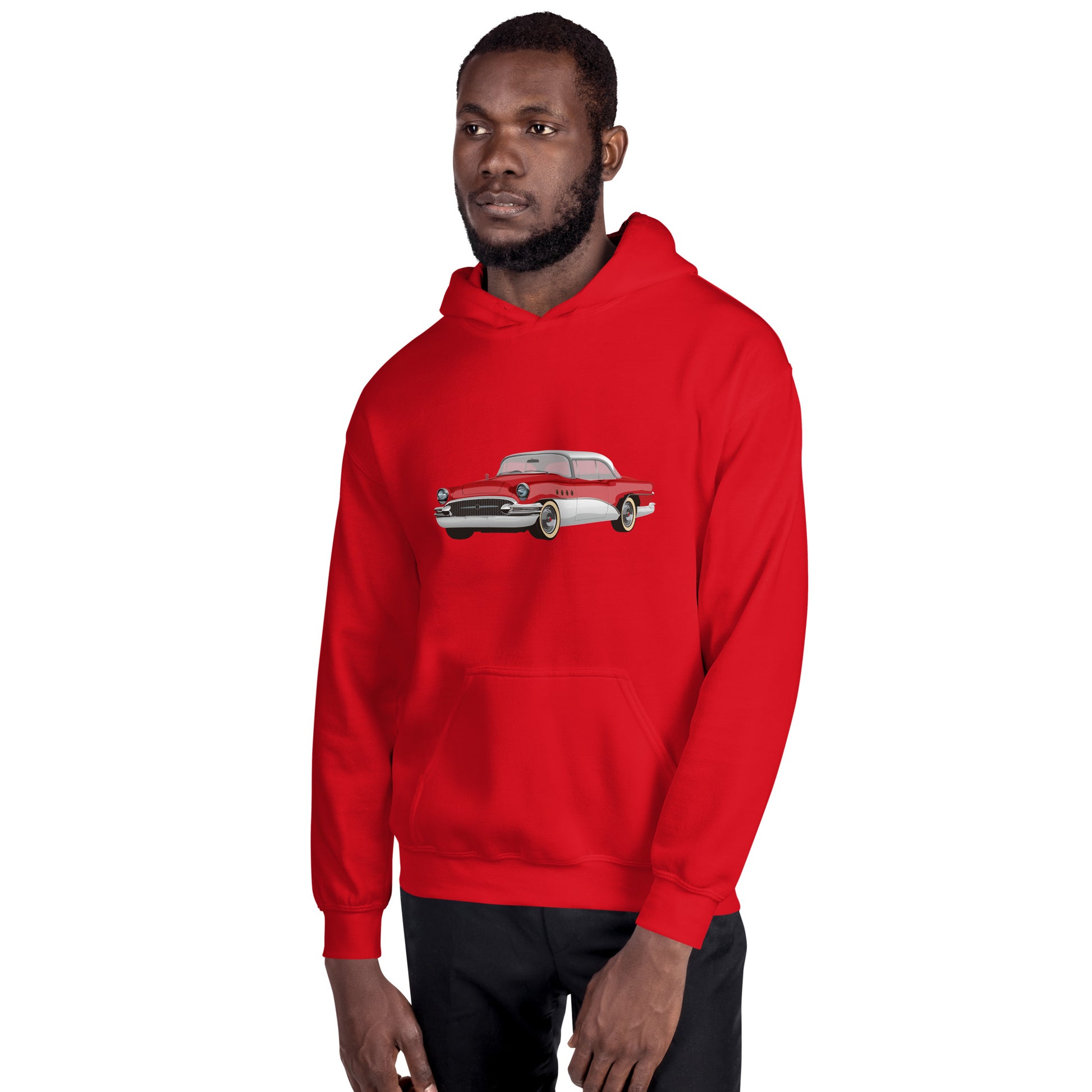 Man with red hoodie with red chevrolet