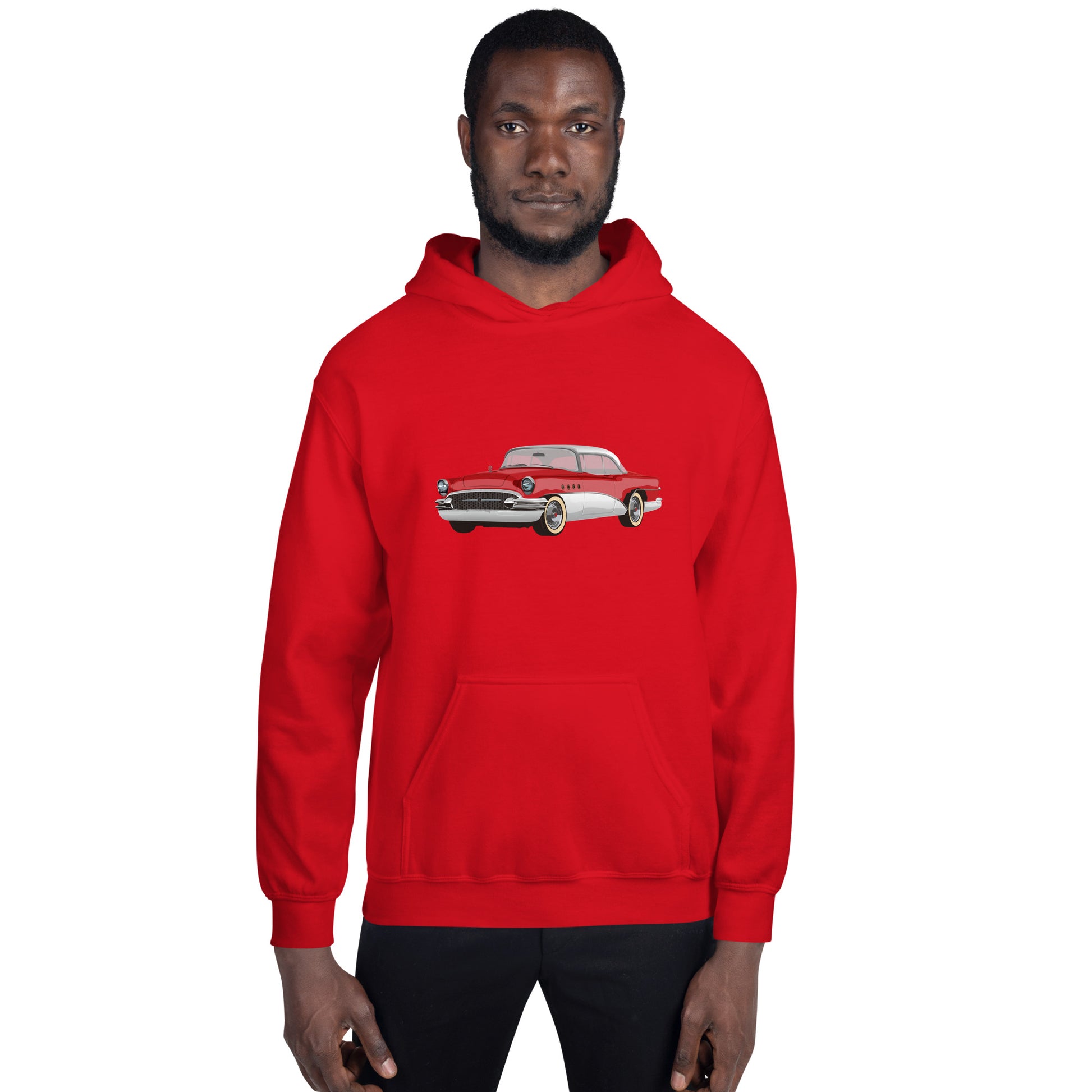 Man with red hoodie with red chevrolet