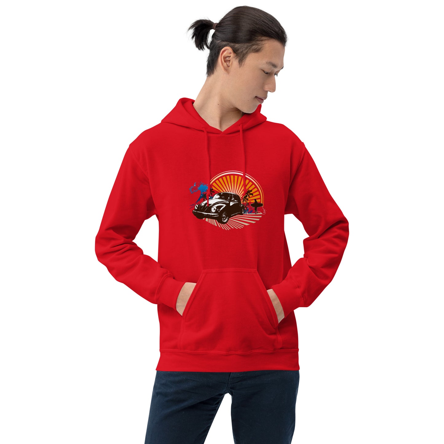 Men with red hoodie with sunset and beetle car