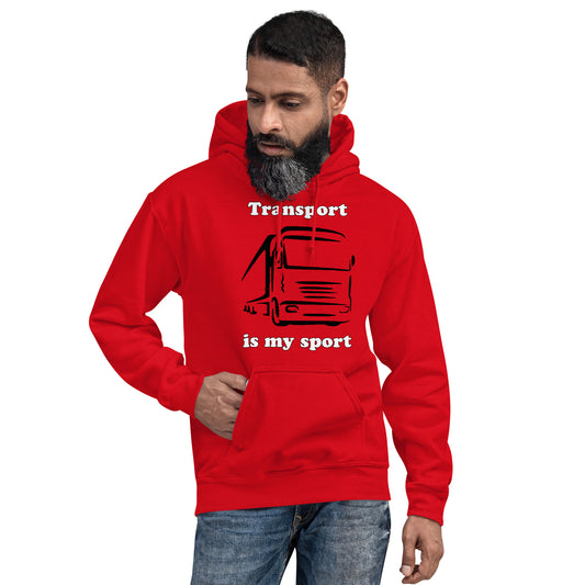 Man with red hoodie with picture of truck and text "Transport is my sport"