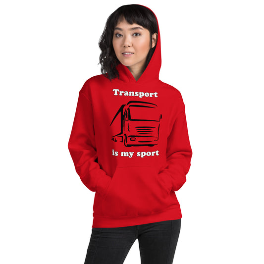 Woman with red hoodie with picture of truck and text "Transport is my sport"