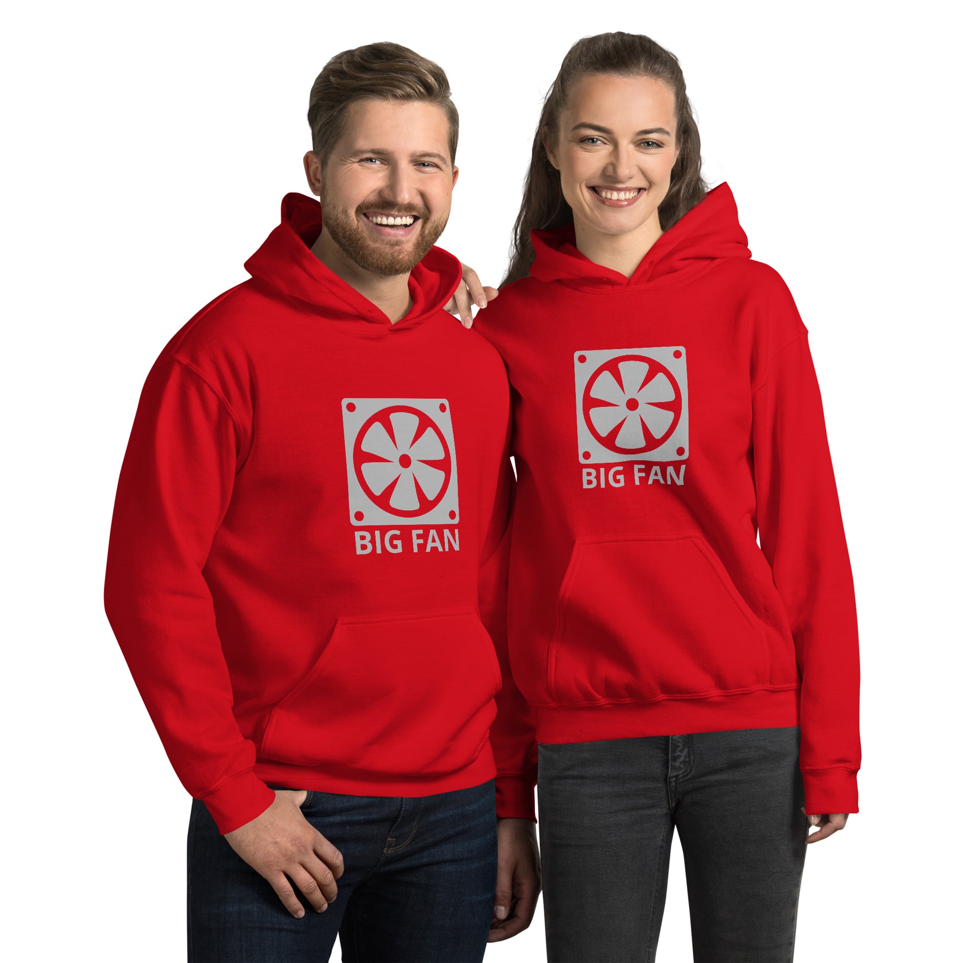 Man and women with red hoodie with image of a big computer fan and the text "BIG FAN"