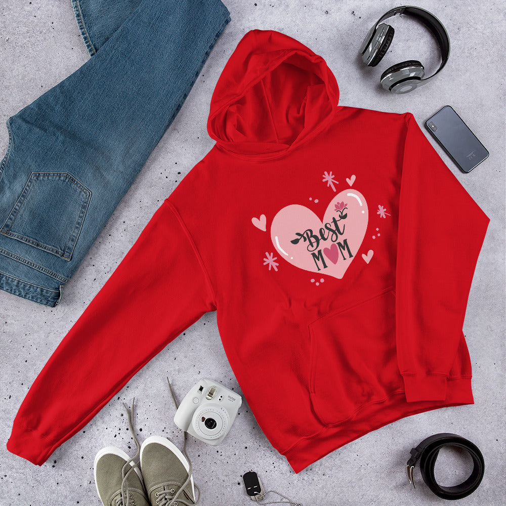 red hoodie with hart and text best MOM