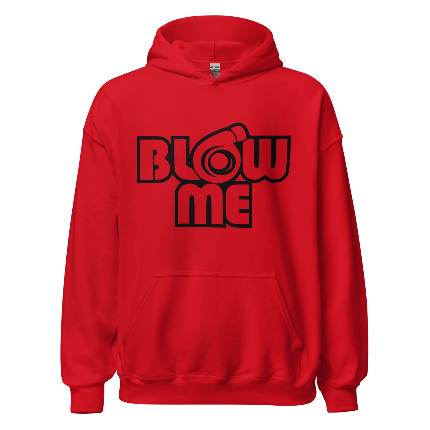 Red hoodie for men and women with the text Blow me, turbo compressor
