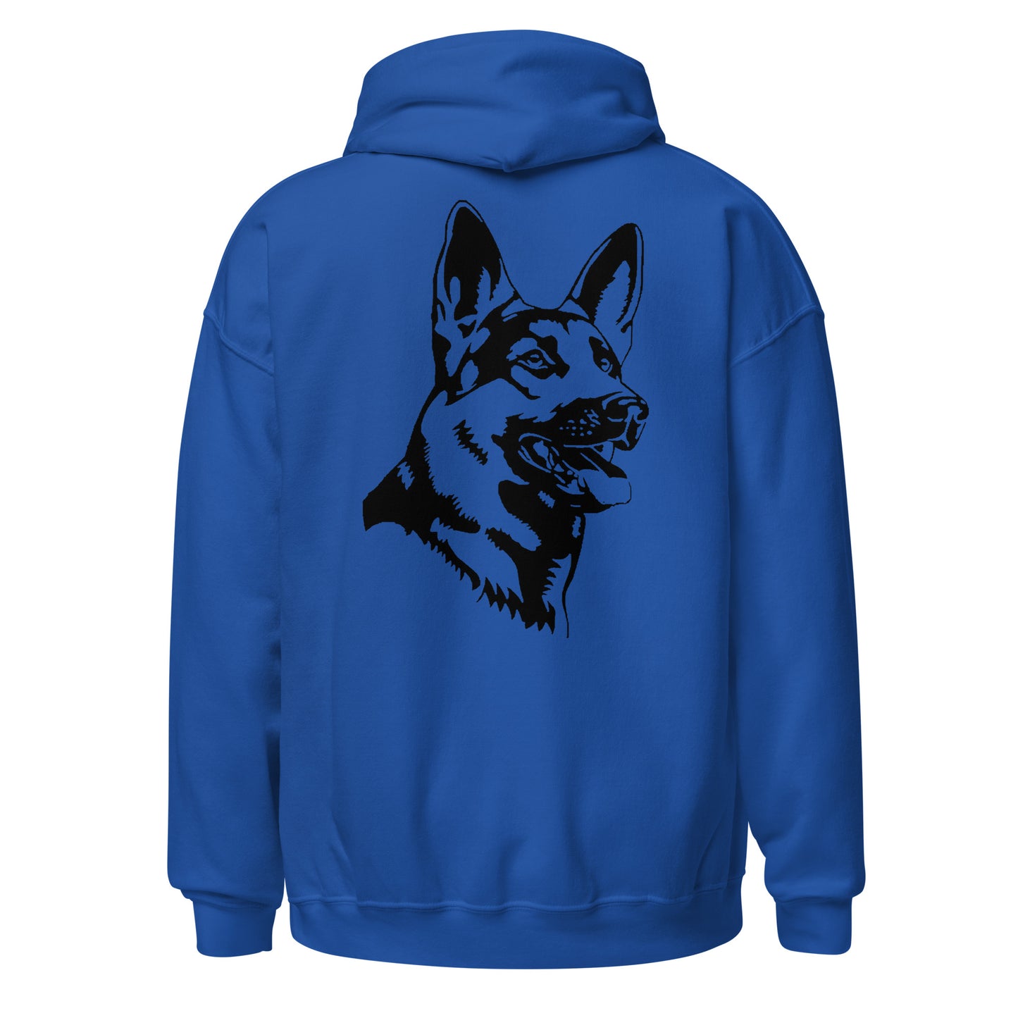 Royal blue hoodie with German shepherd