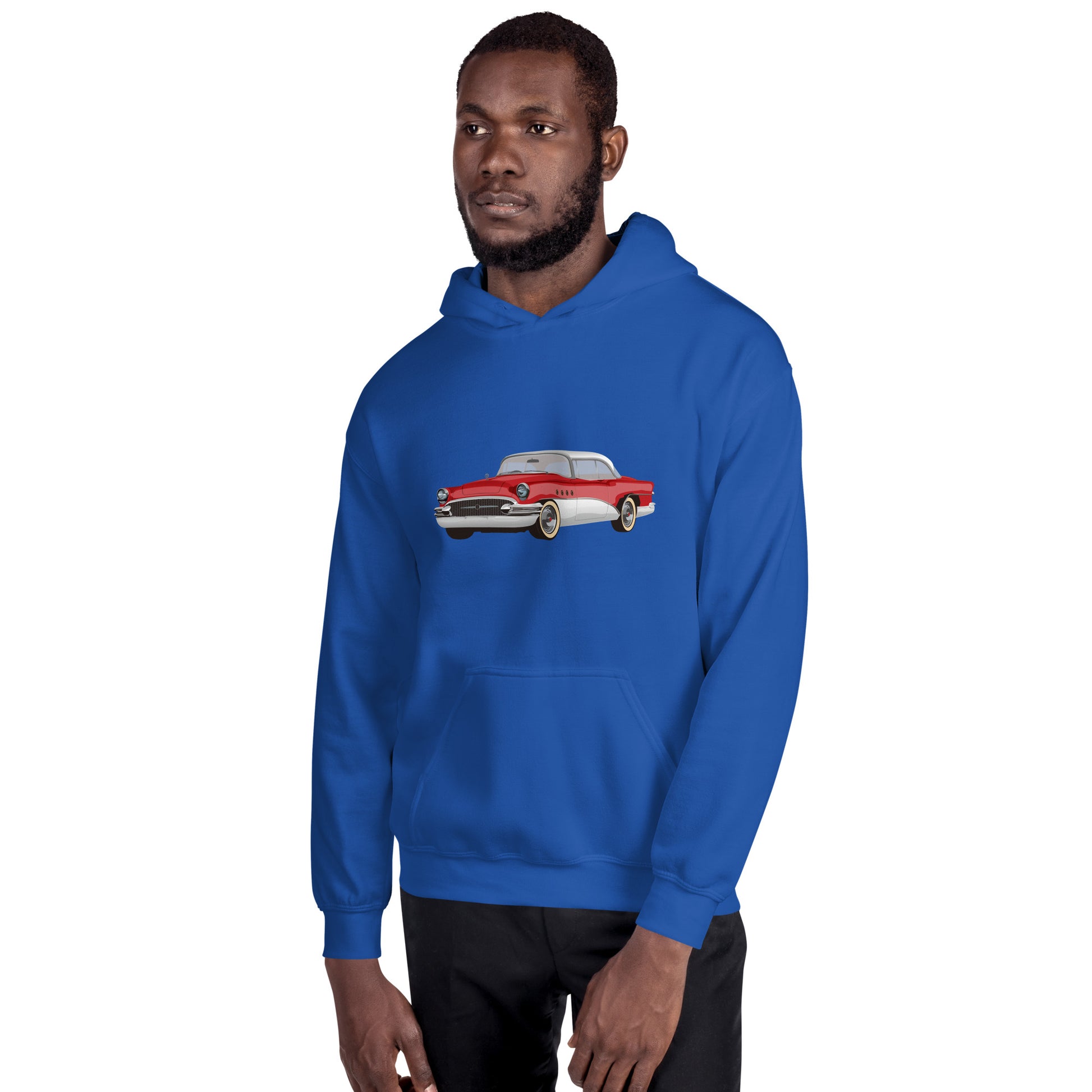 Man with royal blue hoodie with red chevrolet
