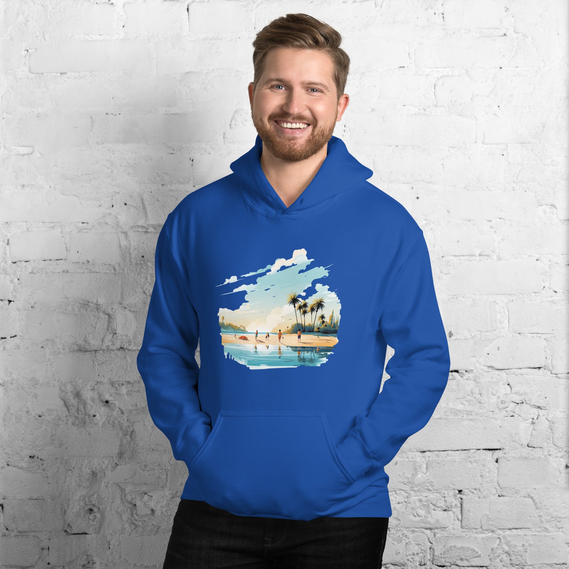Men with royal blue hoodie and a picture of a island with sea and sand