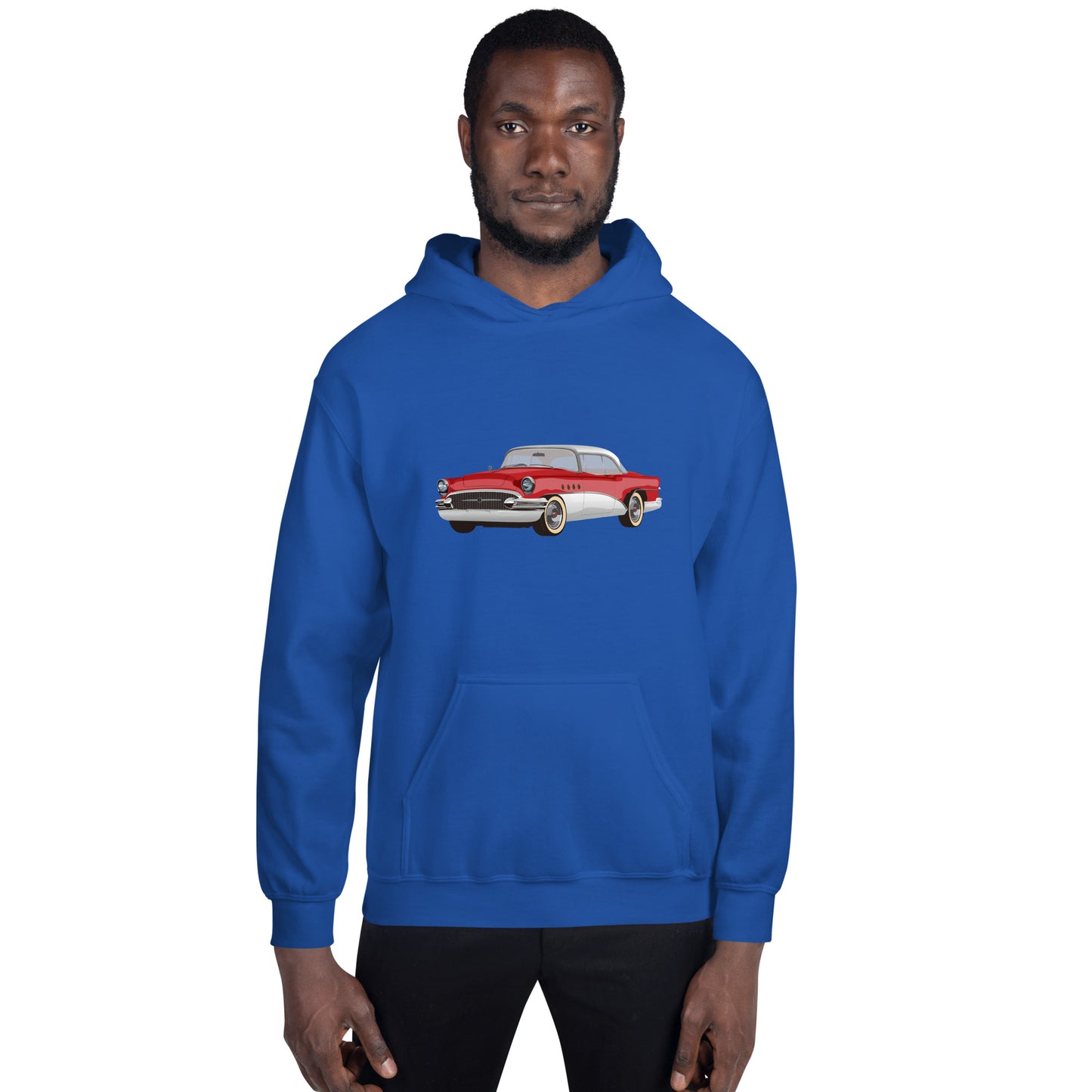 Man with royal blue hoodie with red chevrolet