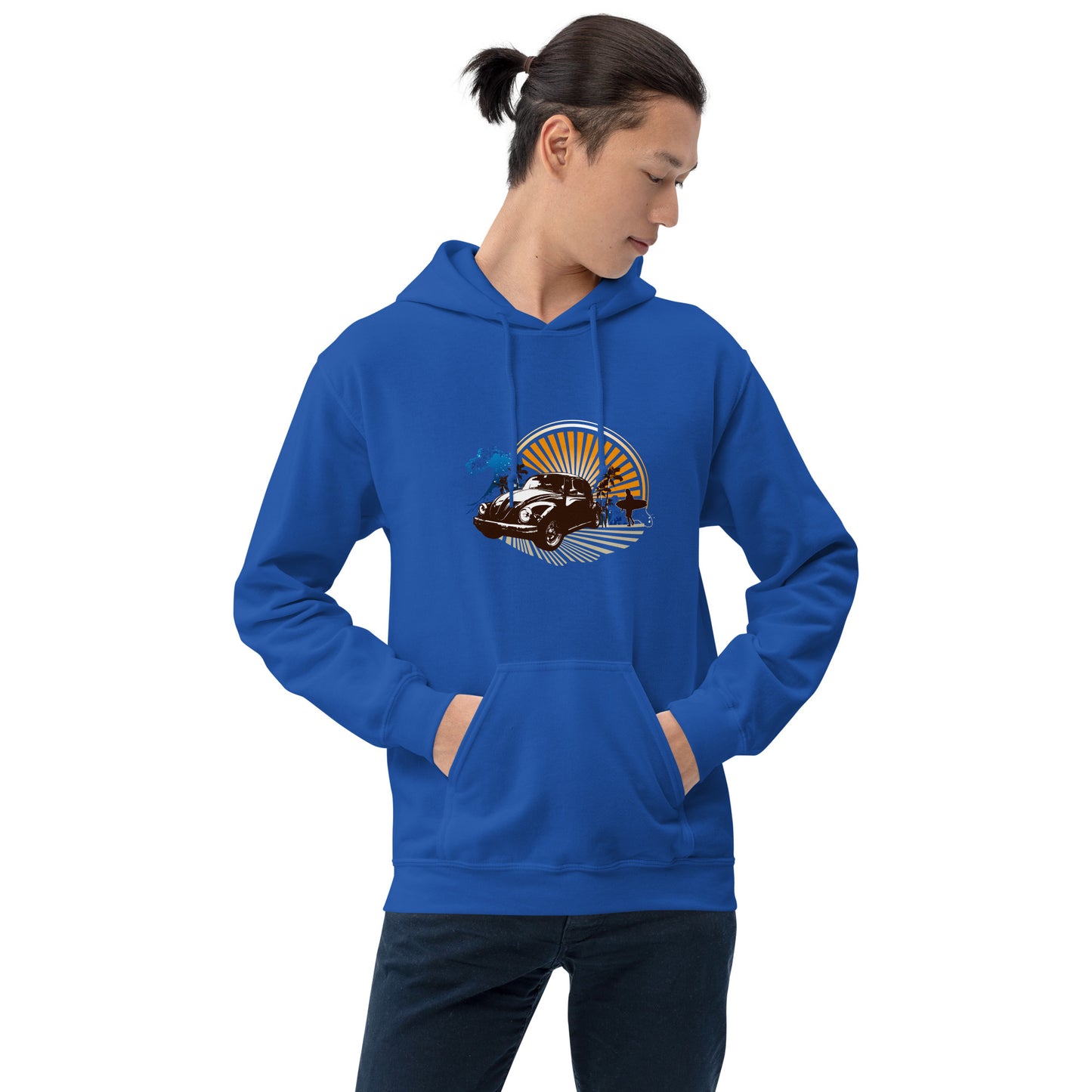 Men with royal blue hoodie with sunset and beetle car