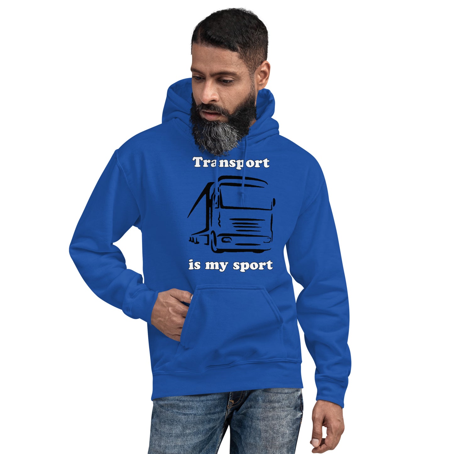 Man with royal blue hoodie with picture of truck and text "Transport is my sport"