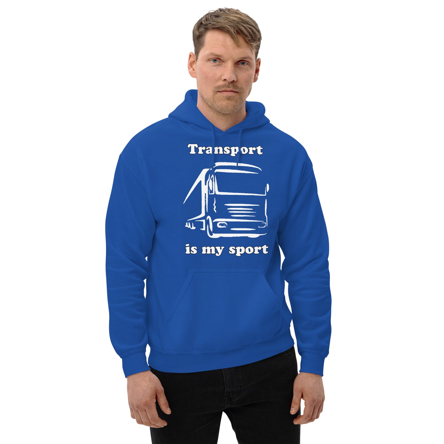Man with royal blue hoodie with picture of truck and text "Transport is my sport"