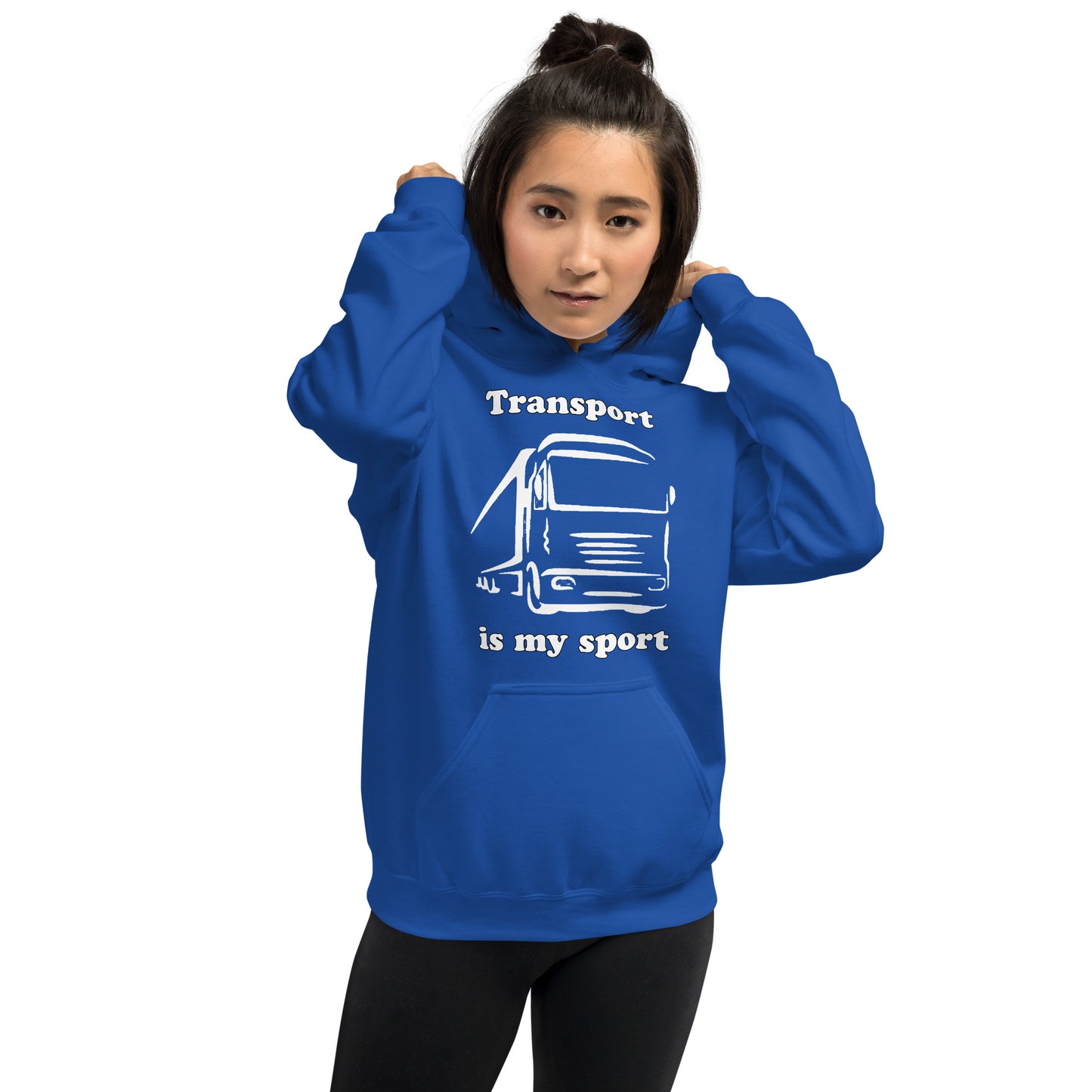 Woman with royal blue hoodie with picture of truck and text "Transport is my sport"