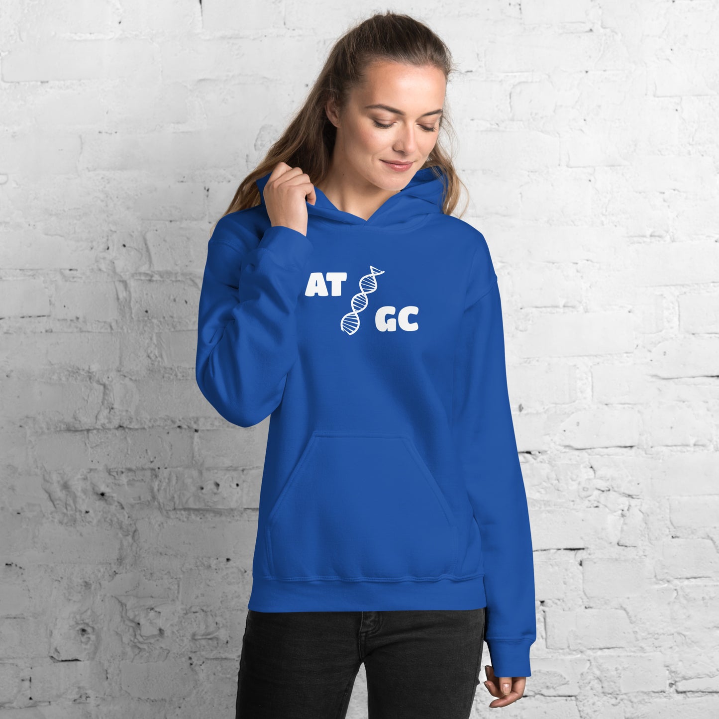 Women with royal blue hoodie with image of a DNA string and the text "ATGC"