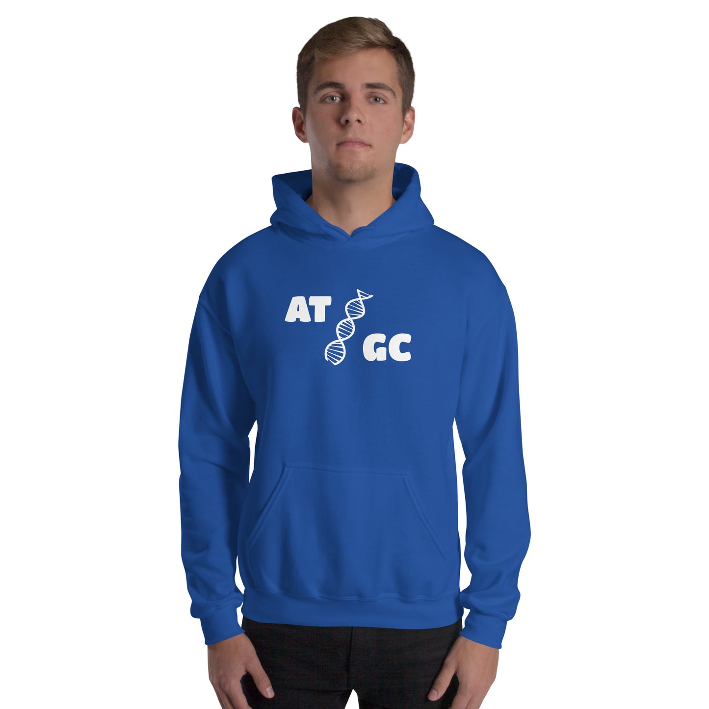 Men with royal blue hoodie with image of a DNA string and the text "ATGC"