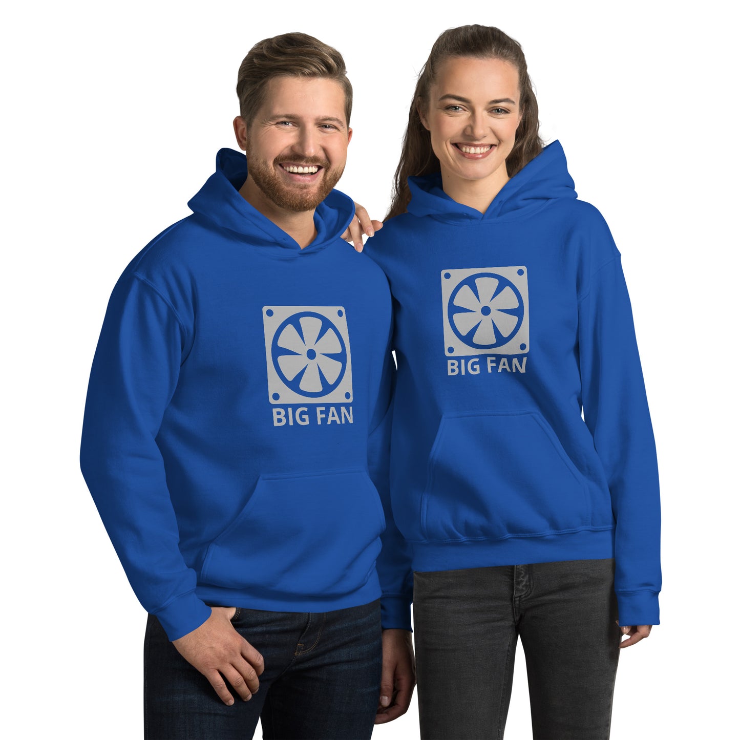 Man and women with royal blue hoodie with image of a big computer fan and the text "BIG FAN"