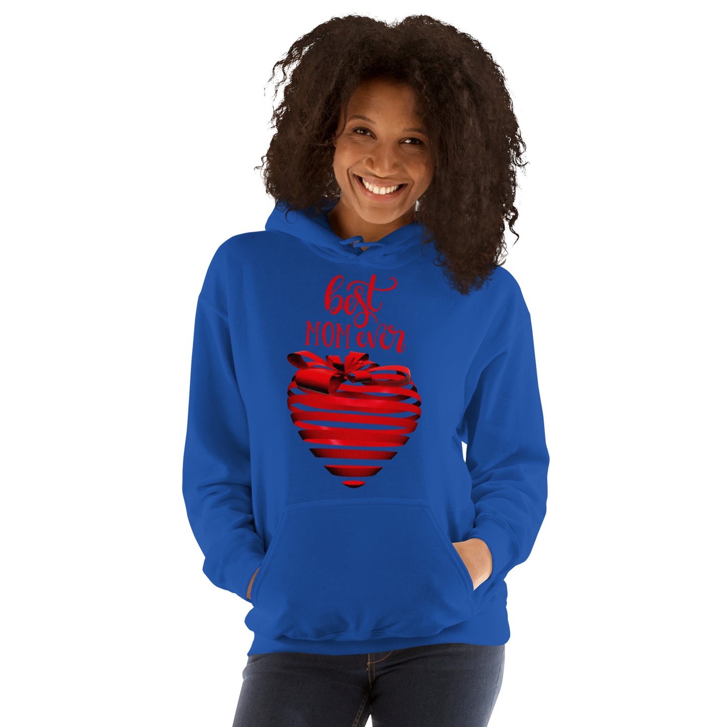 Women with royal blue hoodie with red text best MOM Ever and red heart