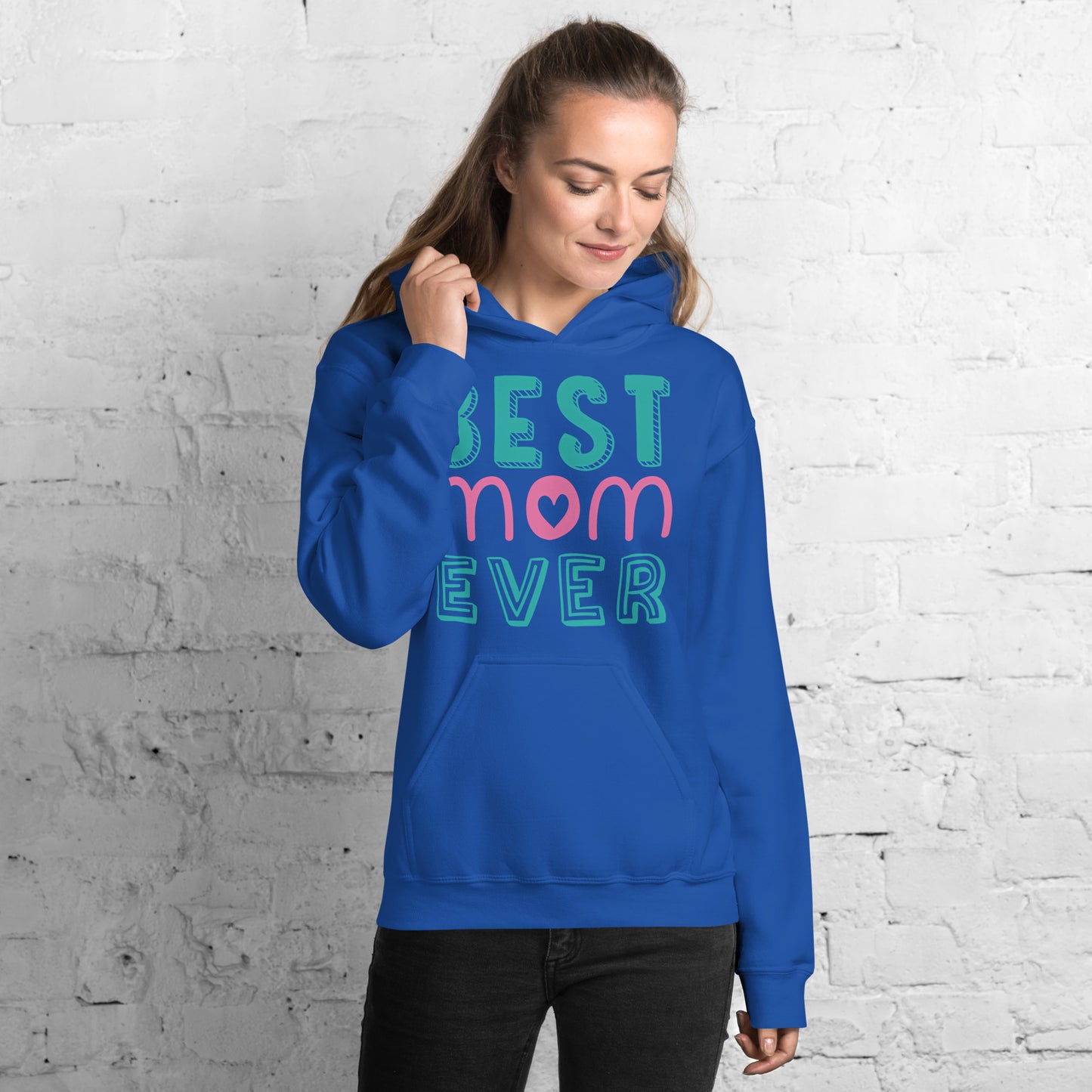 Women with royal blue hoodie with text best MOM Ever