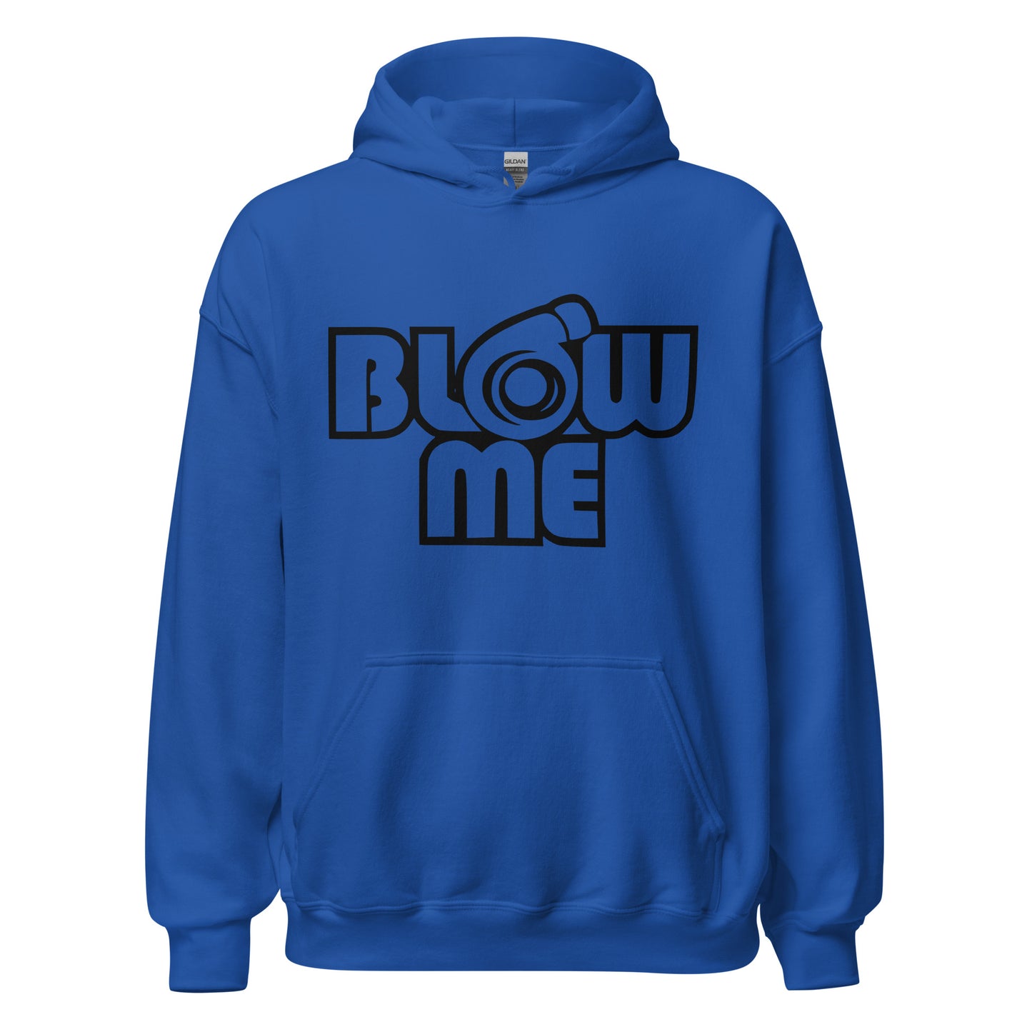 Royal blue hoodie for men and women with the text Blow me, turbo compressor