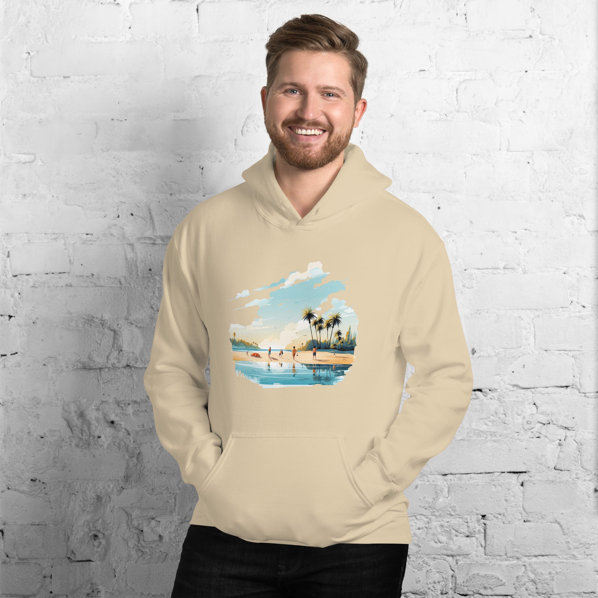 Men with sand hoodie and a picture of a island with sea and sand