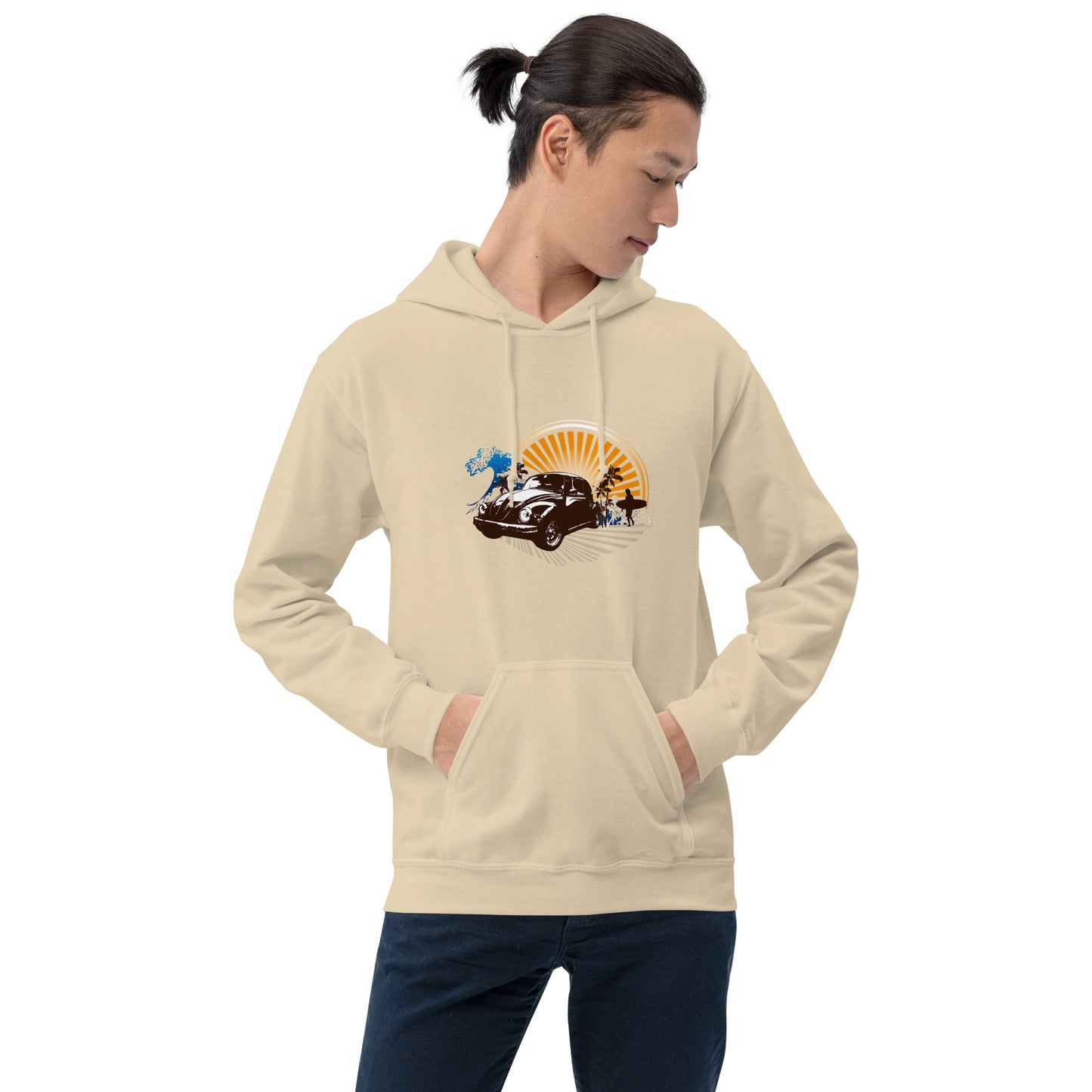 Men with sand hoodie with sunset and beetle car