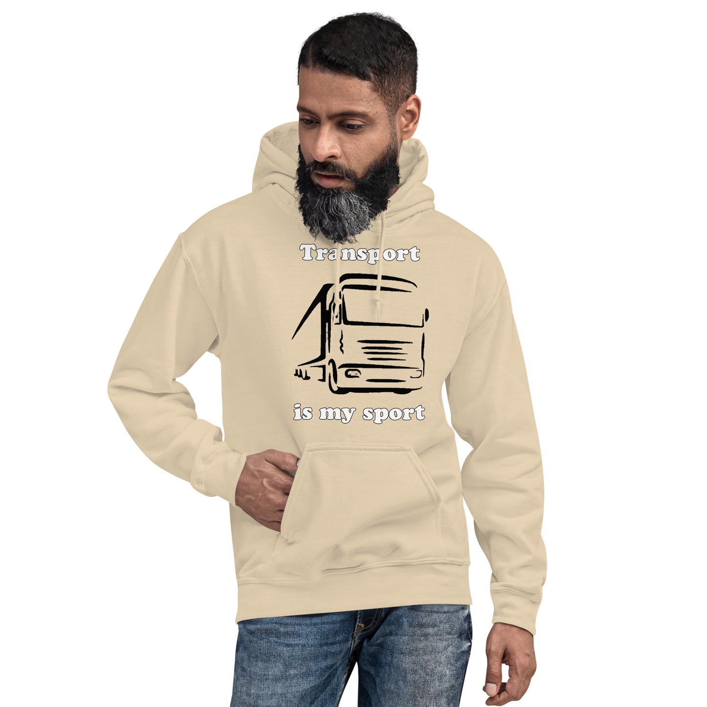 Man with sand hoodie with picture of truck and text "Transport is my sport"