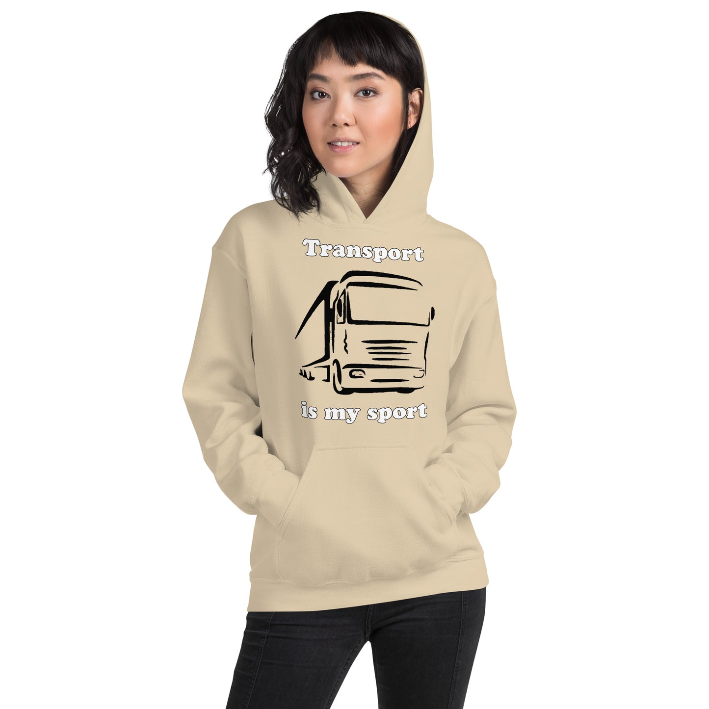 Woman with sand hoodie with picture of truck and text "Transport is my sport"