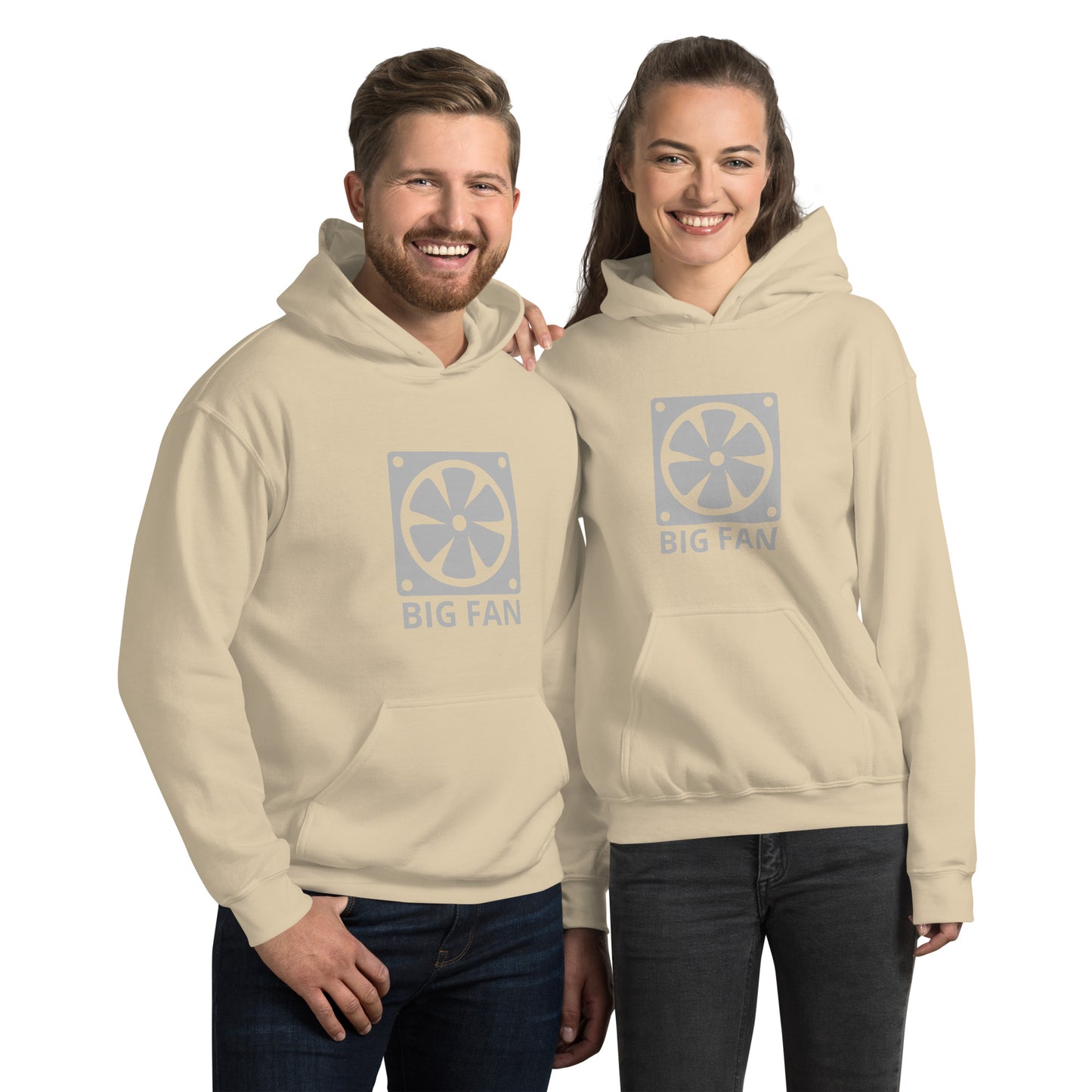 Man and women with sand hoodie with image of a big computer fan and the text "BIG FAN"